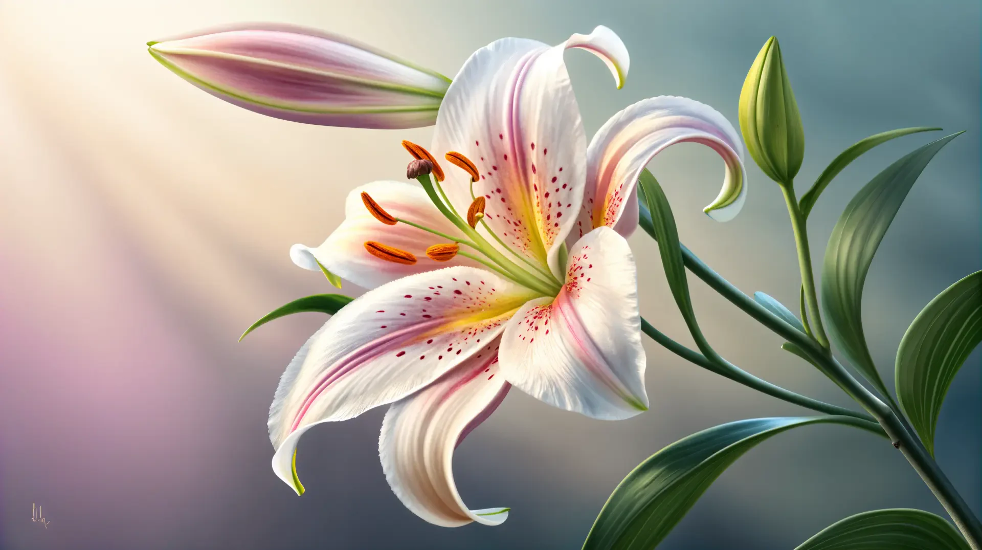 A vibrant, close-up image of a white lily with pink accents and green leaves, set against a softly blurred background, designed as a stunning 4K Ultra HD desktop wallpaper.
