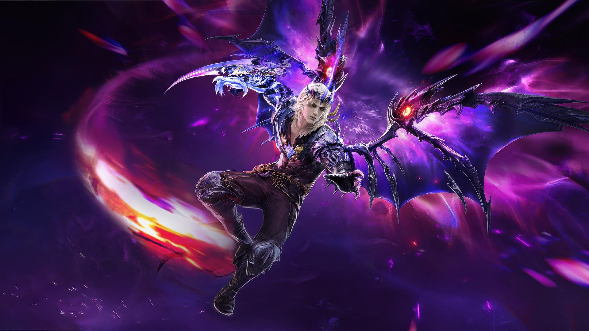 A dynamic 4K Ultra HD wallpaper from Naraka: Bladepoint featuring a character wielding weapons with vibrant purple and fiery effects in the background.