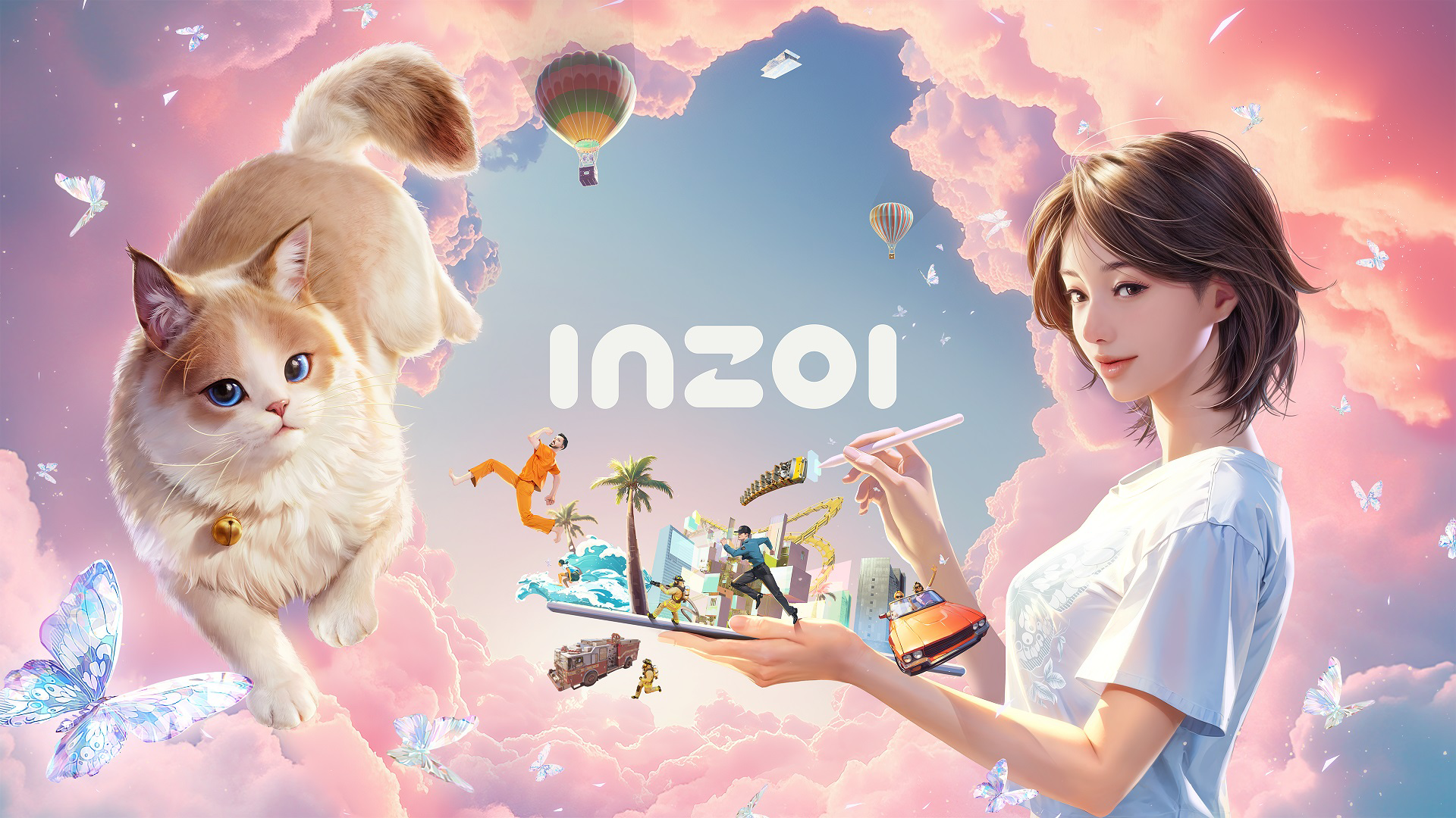 A vibrant HD desktop wallpaper featuring a whimsical scene with a woman and a cat, surrounded by flying objects and dreamy clouds, branded with inZOI.