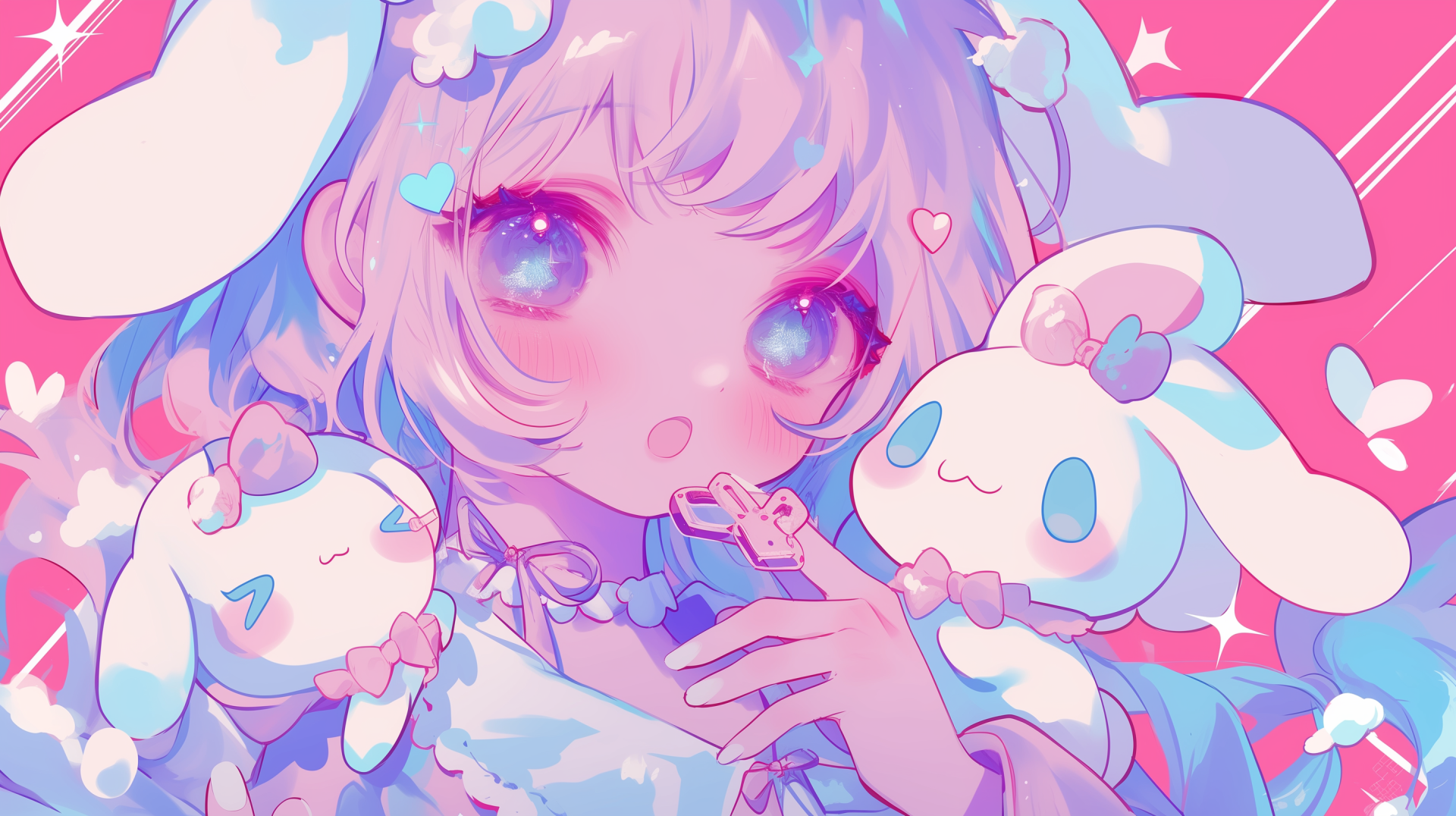 A vibrant HD anime wallpaper featuring a cute anime girl with sparkling eyes, surrounded by Cinnamoroll characters, set against a bright, playful background.