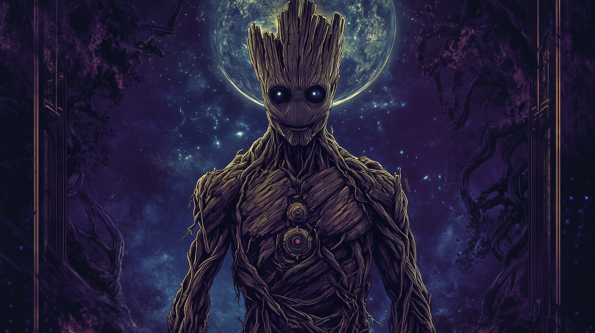 Artistic HD wallpaper featuring Groot from Marvel Comics, set against a mystical night sky with a full moon, showcasing intricate details and vibrant colors.