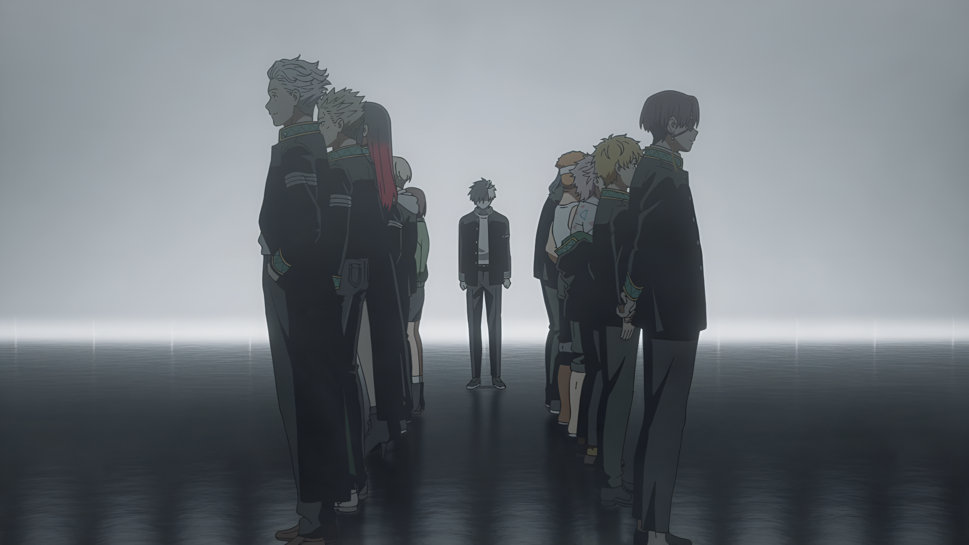 Anime Wind Breaker 4K Ultra HD PC desktop wallpaper: lone figure centered with two opposing groups on a reflective floor beneath soft gray light, moody minimalist background.