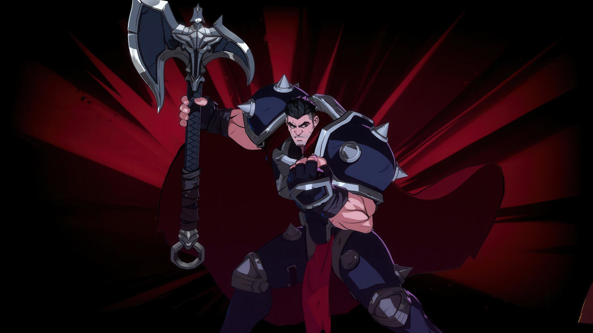 Darius from League of Legends stands ready for battle, wielding a massive axe against a dramatic red backdrop, captured in stunning 4K Ultra HD for a striking video game wallpaper.
