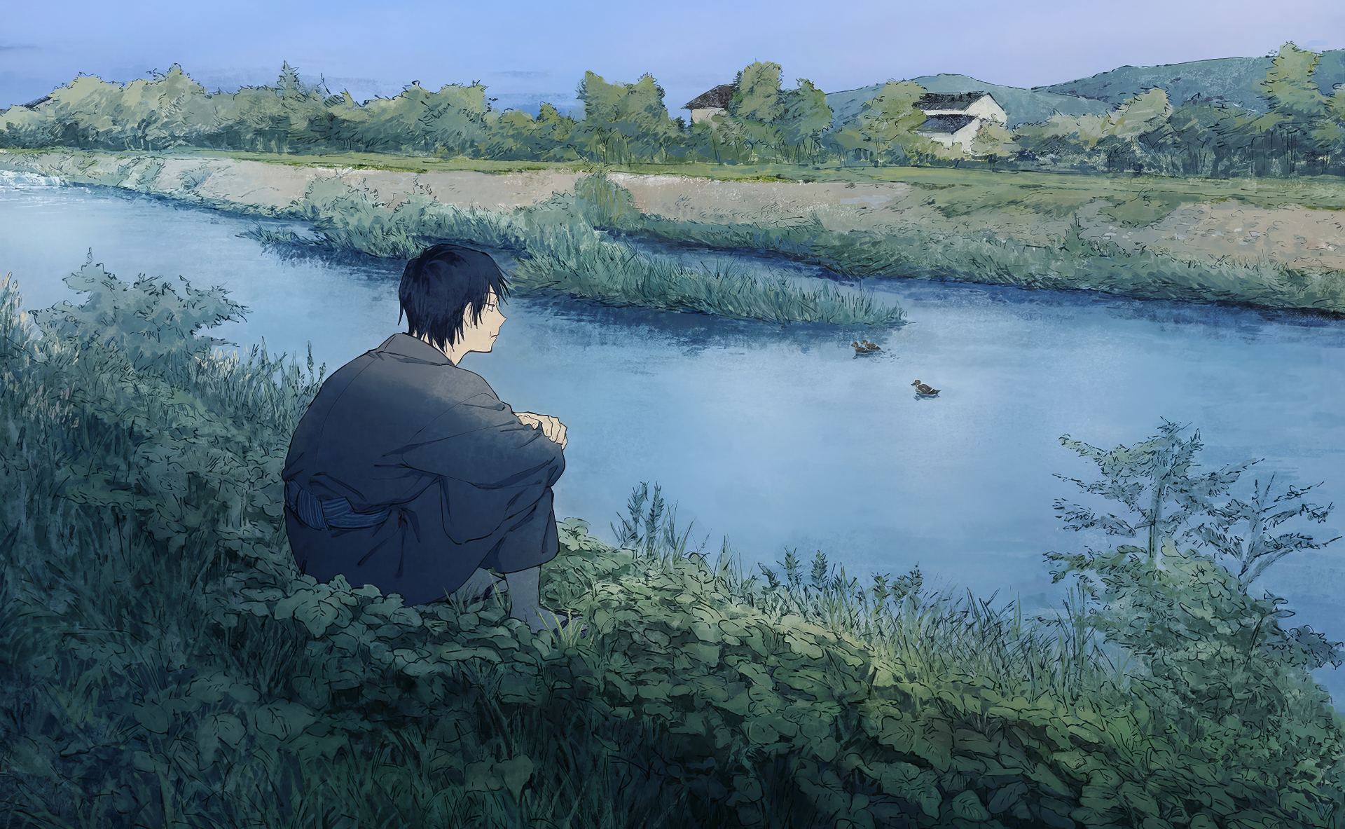 A tranquil HD wallpaper featuring Toji Fushiguro from Jujutsu Kaisen, seated by a serene riverbank, surrounded by lush greenery and a peaceful landscape.