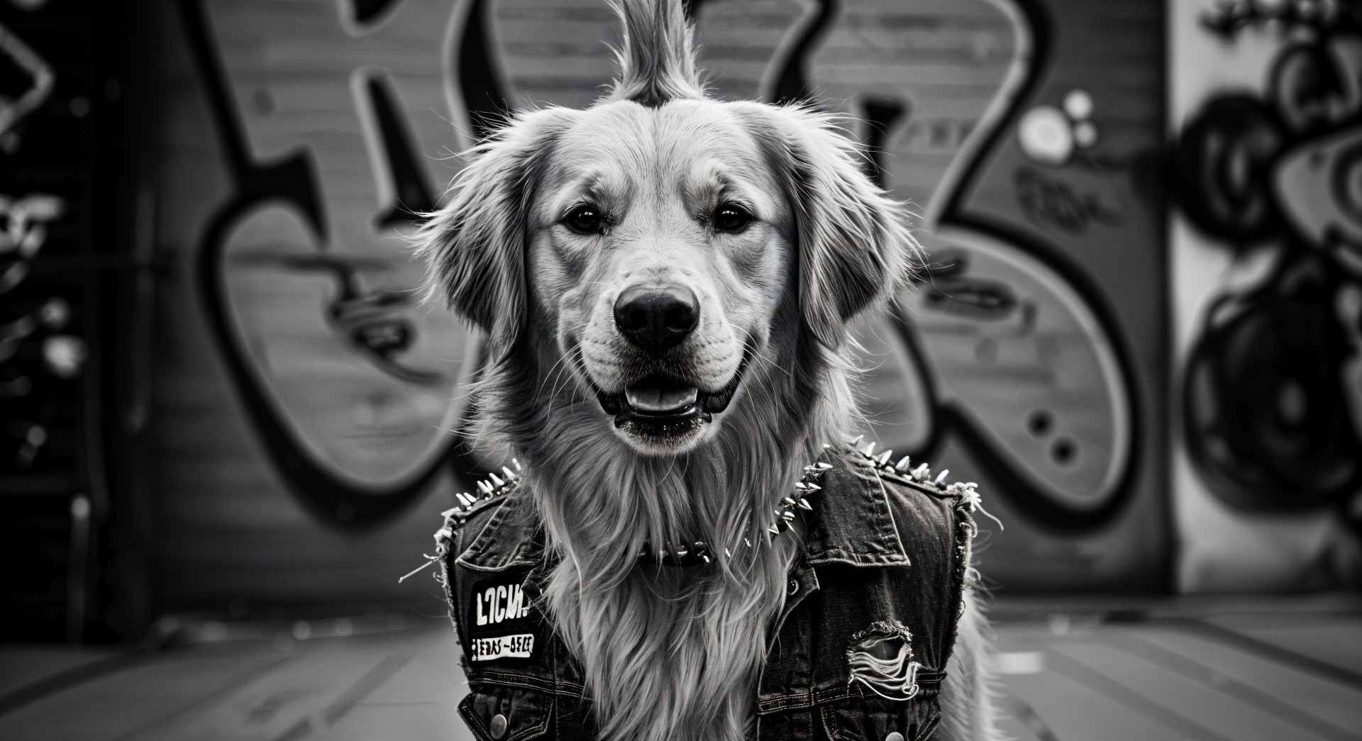 A golden retriever with a punk-inspired look, featuring a spiked vest and a mohawk, poses confidently against a colorful graffiti background. This image serves as a vibrant 4K Ultra HD desktop wallpaper.