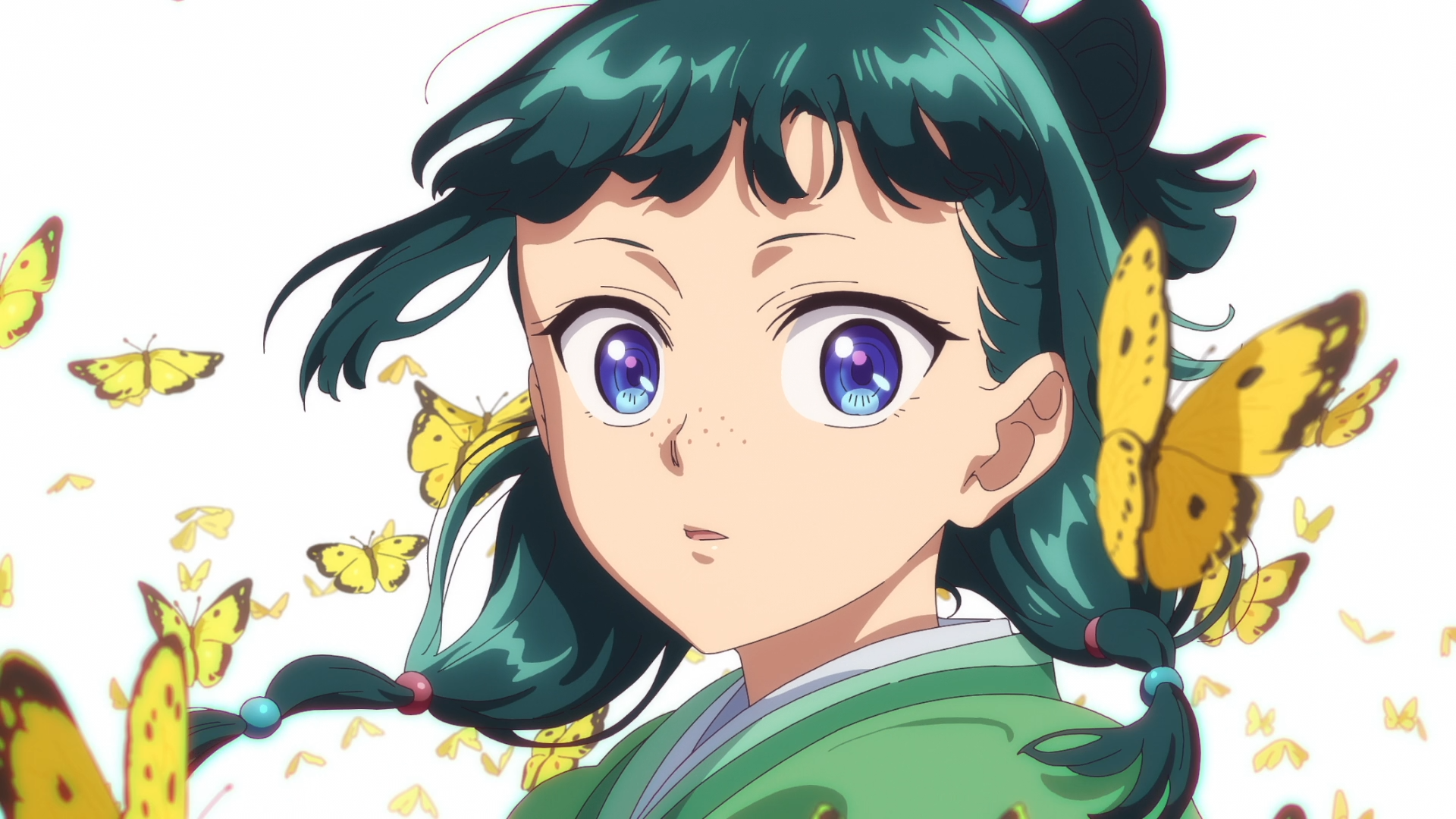 HD anime wallpaper of Maomao from The Apothecary Diaries, featuring her with flowing dark green hair surrounded by yellow butterflies on a white background.