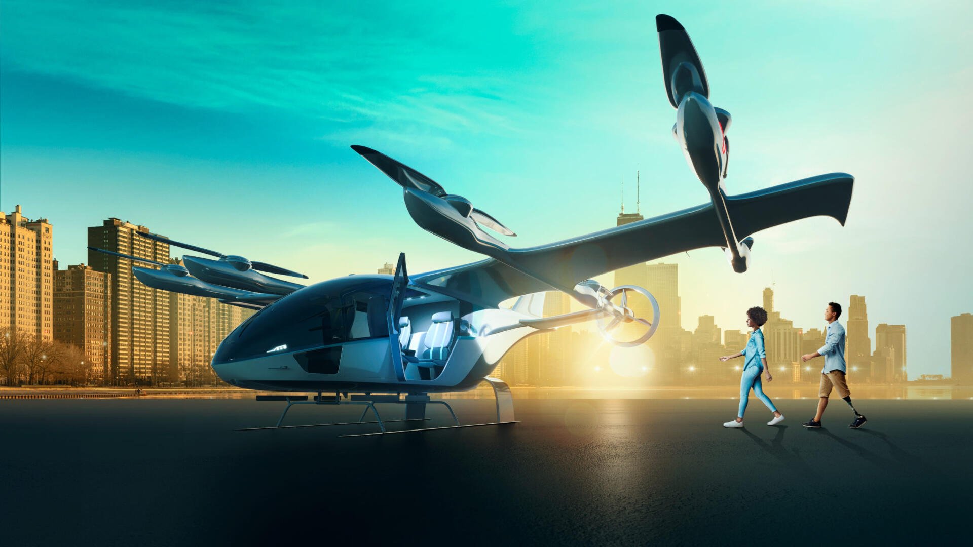 A futuristic eVTOL flying taxi stands ready for takeoff against a vibrant city skyline, showcasing advancement in urban transportation technology. HD desktop wallpaper.