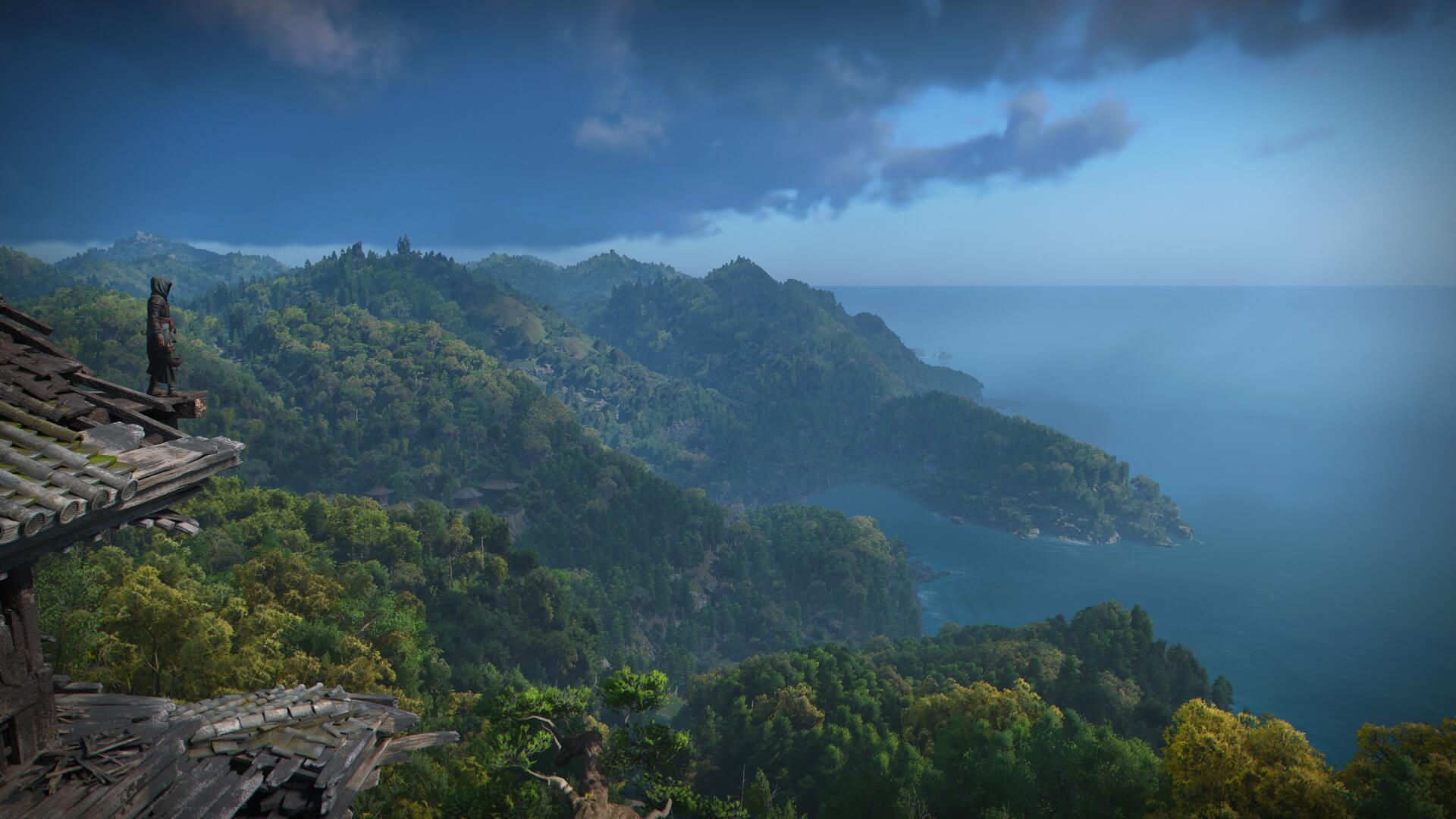 A breathtaking 4K Ultra HD wallpaper from the video game Assassin's Creed Shadows, showcasing a stunning coastal landscape with lush greenery and dramatic skies.