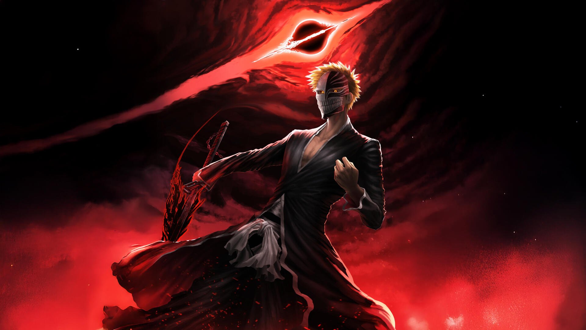 4K Ultra HD Bleach wallpaper featuring Ichigo Kurosaki in a dynamic pose with his Hollow mask activated, set against a dark, fiery red background.
