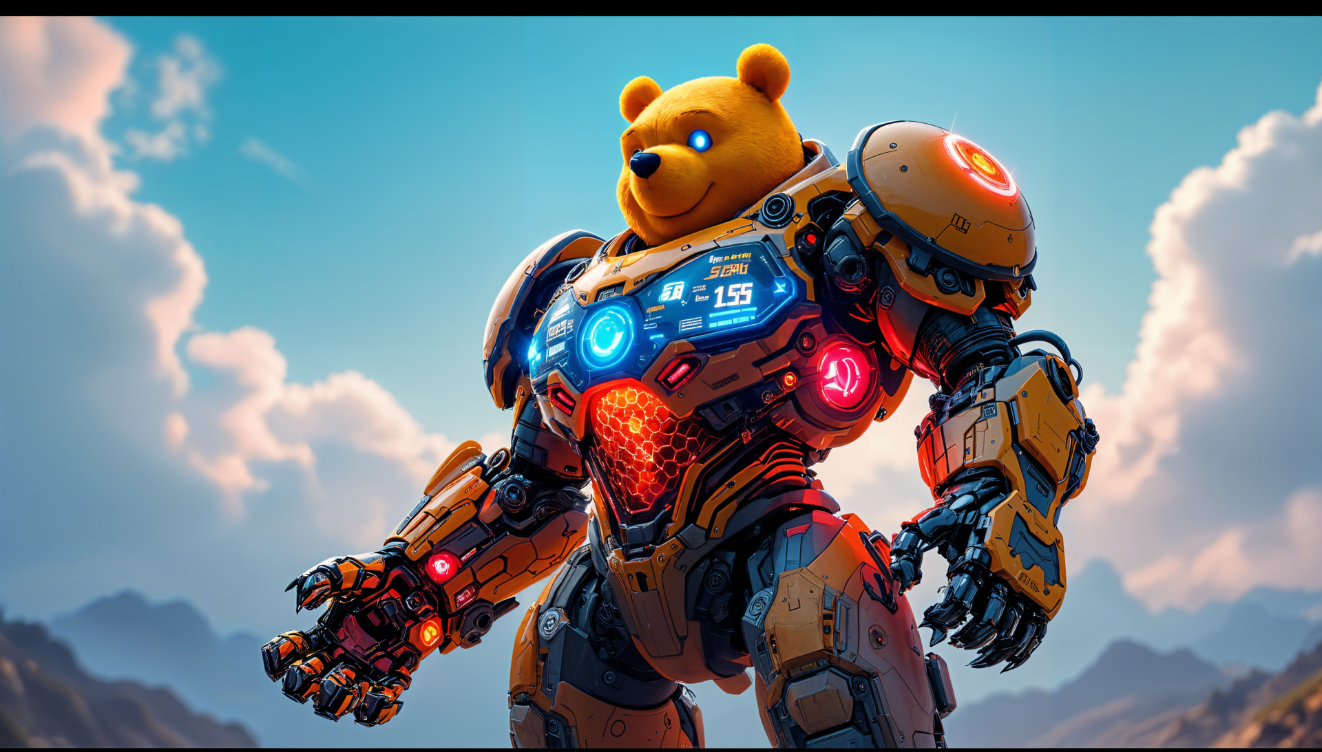 A vibrant 4K Ultra HD desktop wallpaper featuring a robotic bear with a Winnie the Pooh head, equipped with colorful lights and armor against a scenic sky backdrop.
