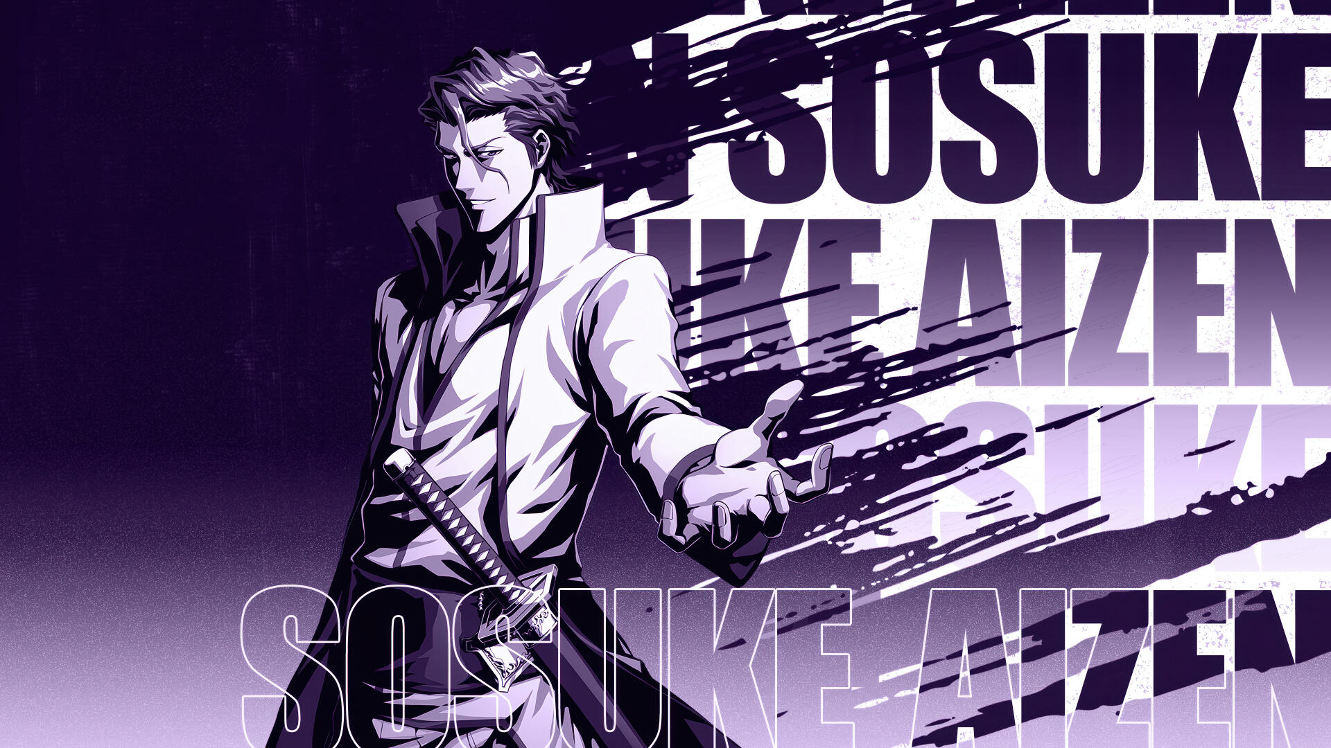 4K Ultra HD desktop wallpaper featuring Sōsuke Aizen from Bleach, with dynamic text and a dark, intense color scheme.