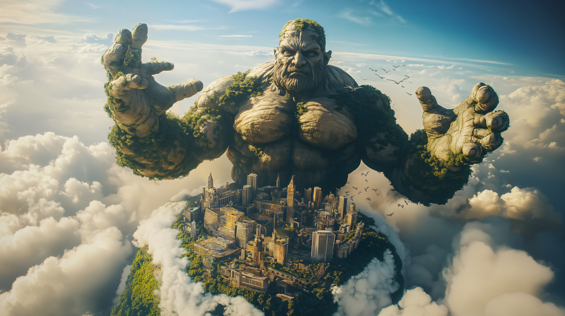 A colossal giant, covered in foliage, emerges from a lush landscape, overlooking a vibrant city nestled among clouds. This stunning 4K Ultra HD fantasy wallpaper captivates the imagination.