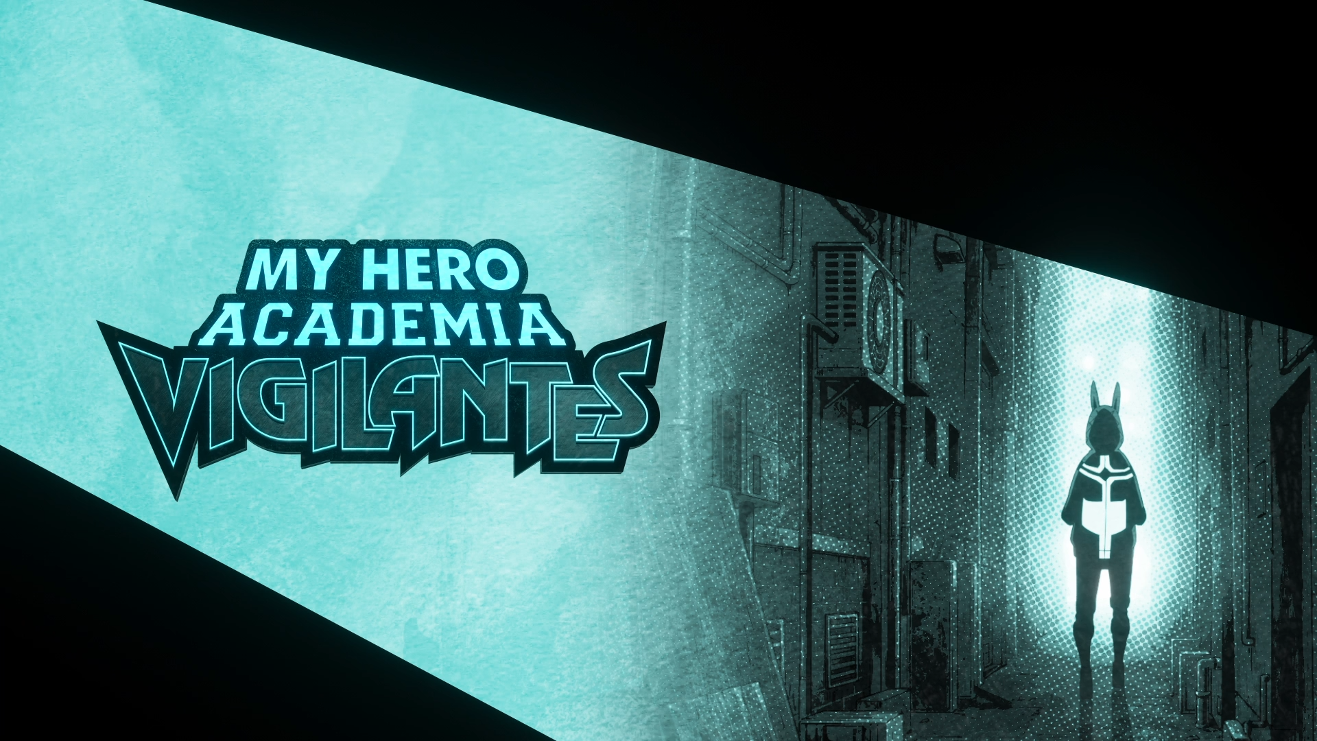 Anime HD PC wallpaper of Kouichi Haimawari from My Hero Academia: Vigilantes — teal-toned alley with the My Hero Academia logo and his silhouetted figure.