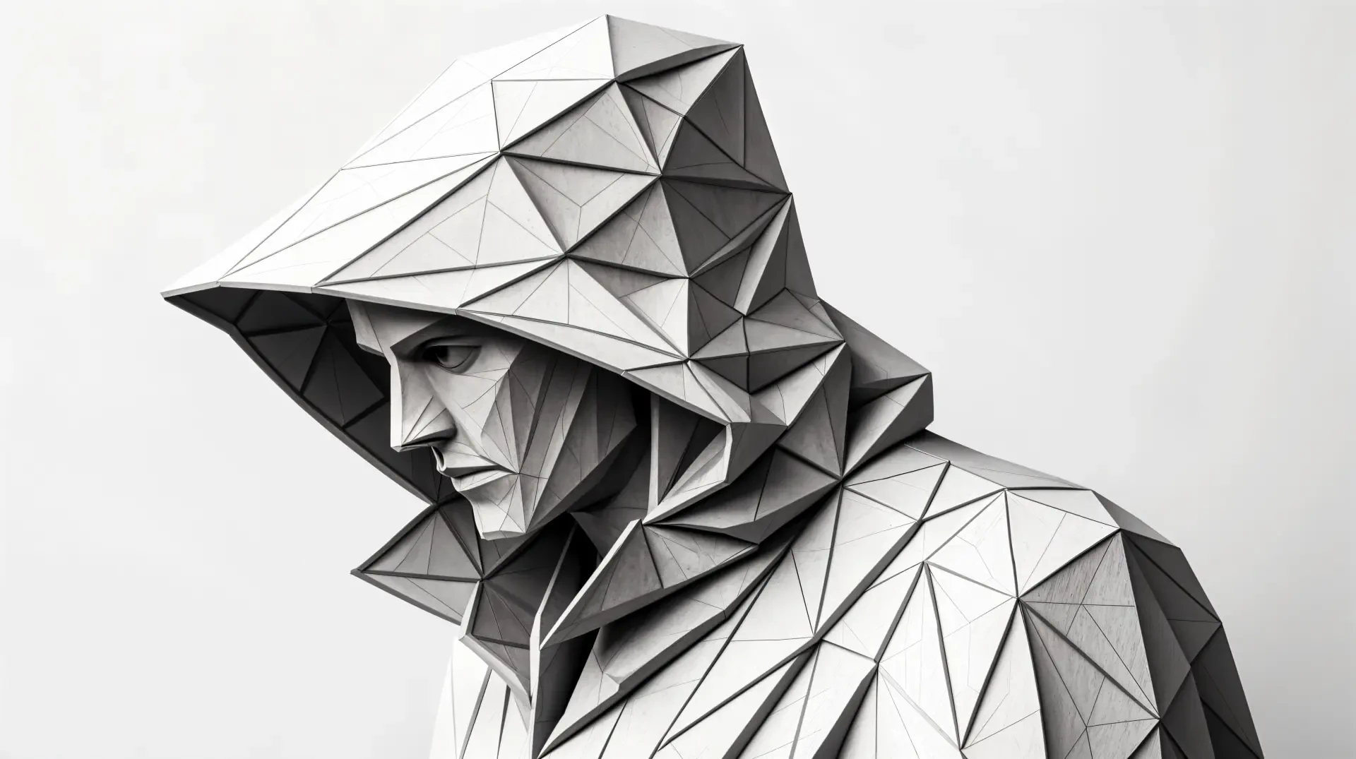 A geometric, low-poly figure in a hooded cloak, shown in profile, against a minimalist background. This 4K Ultra HD image serves as an anonymous digital wallpaper.
