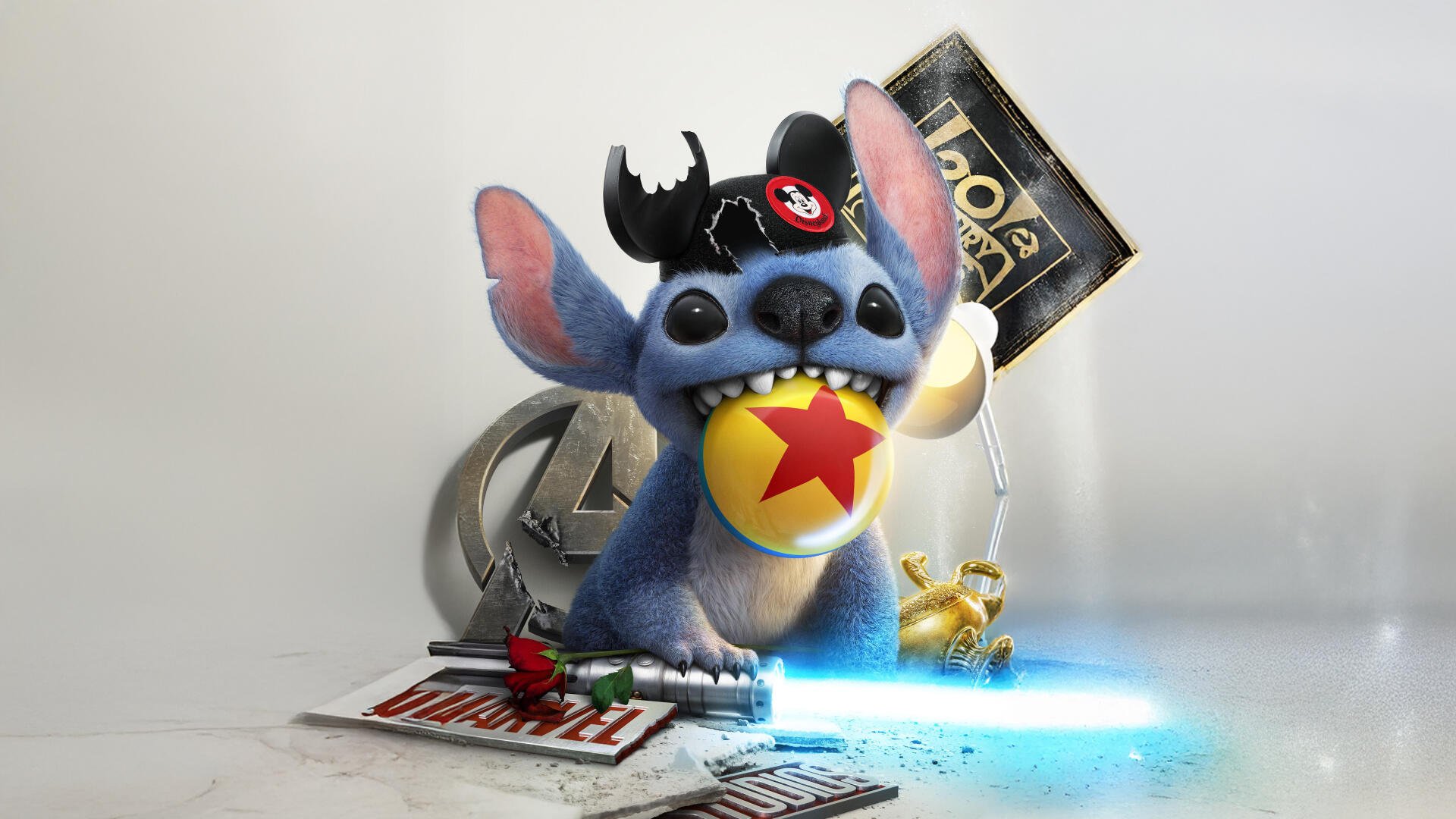 Lilo & Stitch (2025) 4K Ultra HD PC desktop wallpaper featuring Stitch wearing a unique hat, holding a yellow ball with a red star, surrounded by scattered comic items.