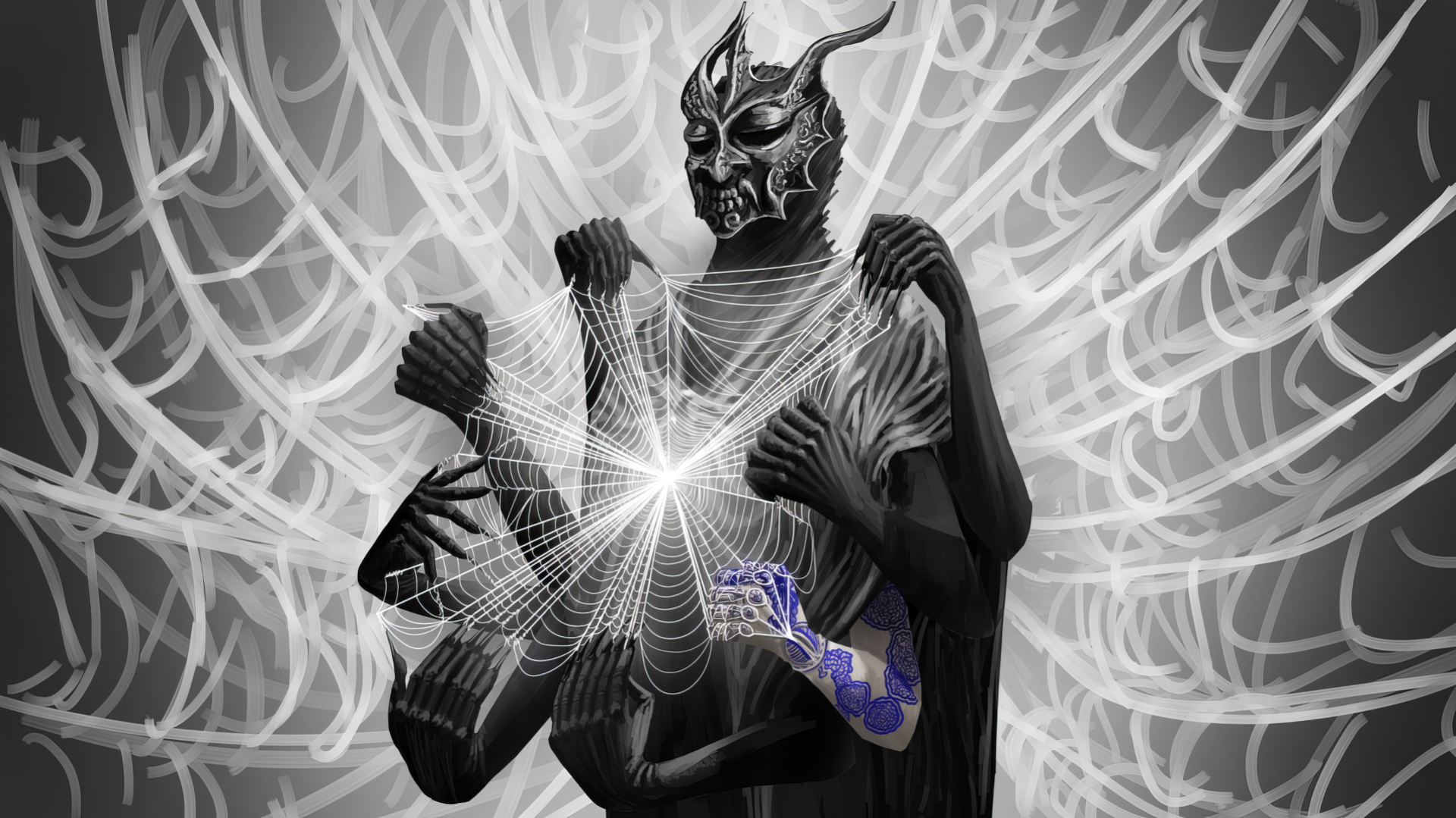 A striking black and white HD wallpaper featuring a shadowy figure with multiple arms set against an intricate spider web, inspired by Shadow Slave from a webnovel.