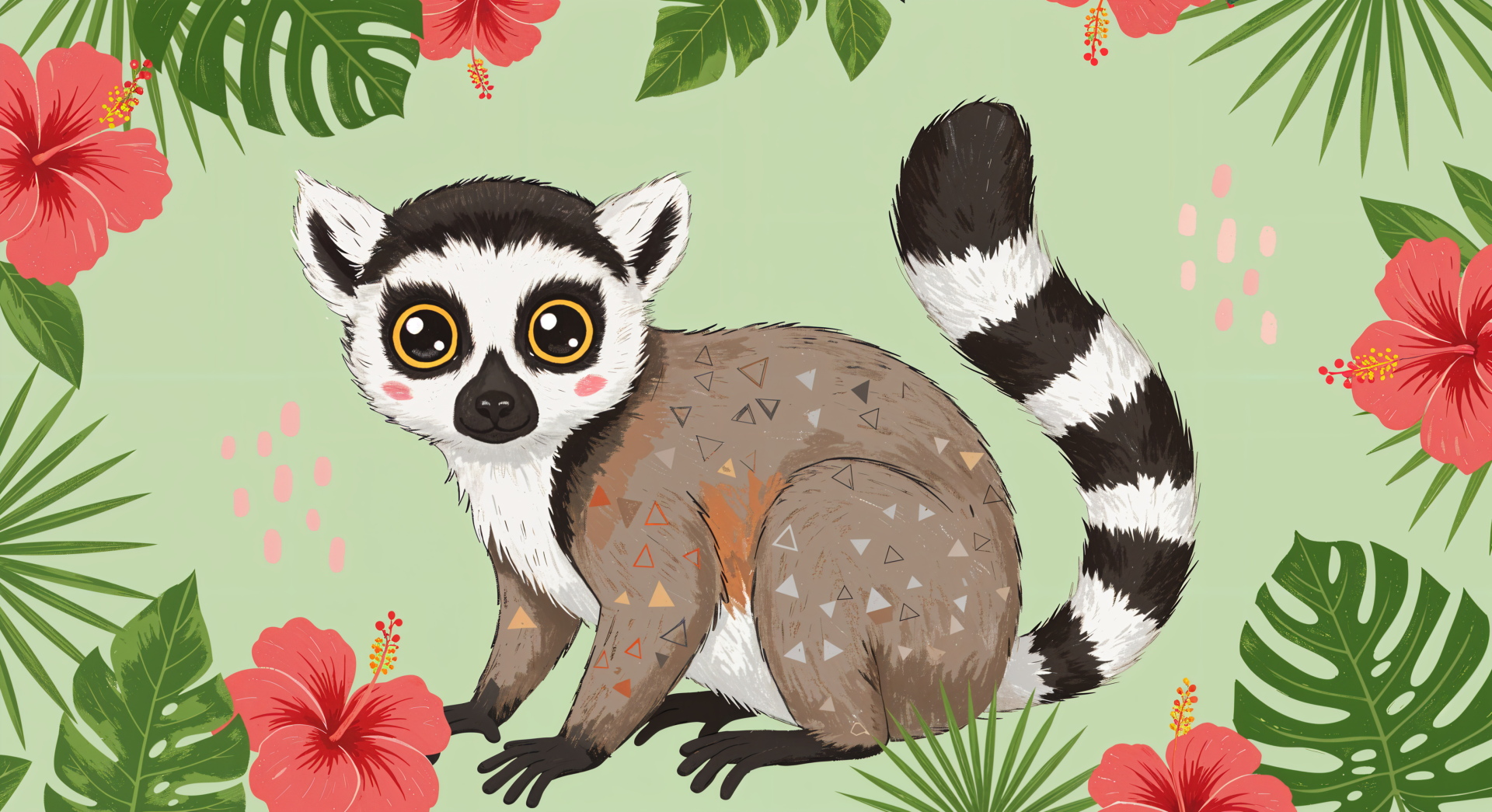 Illustration of a cute lemur surrounded by tropical plants and red hibiscus flowers, designed as a vibrant 4K Ultra HD desktop wallpaper.