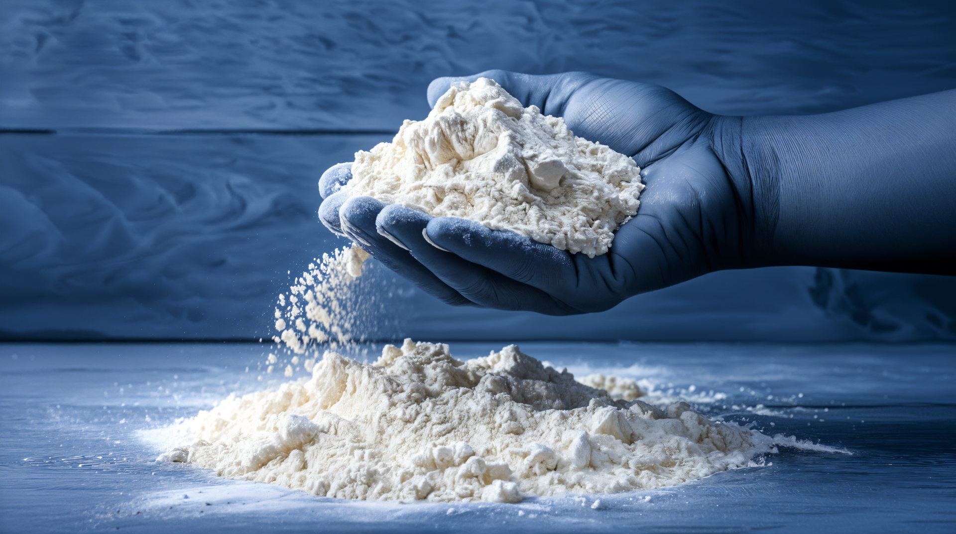 A close-up of a hand in a blue glove holding flour above a mound of flour, showcasing a clean and inviting kitchen aesthetic in this 4K Ultra HD wallpaper.