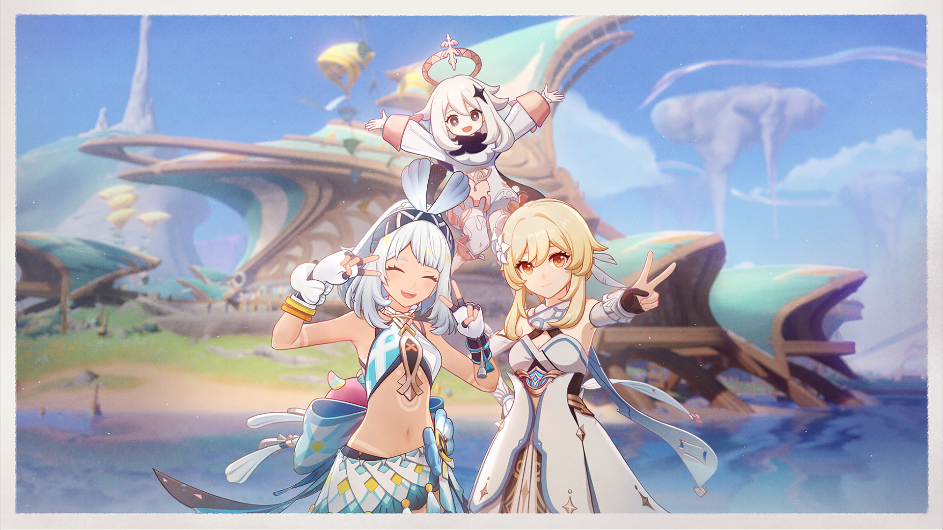 A vibrant 4K Ultra HD wallpaper featuring characters Paimon, Lumine, and Mualani from Genshin Impact, set against a whimsical background.