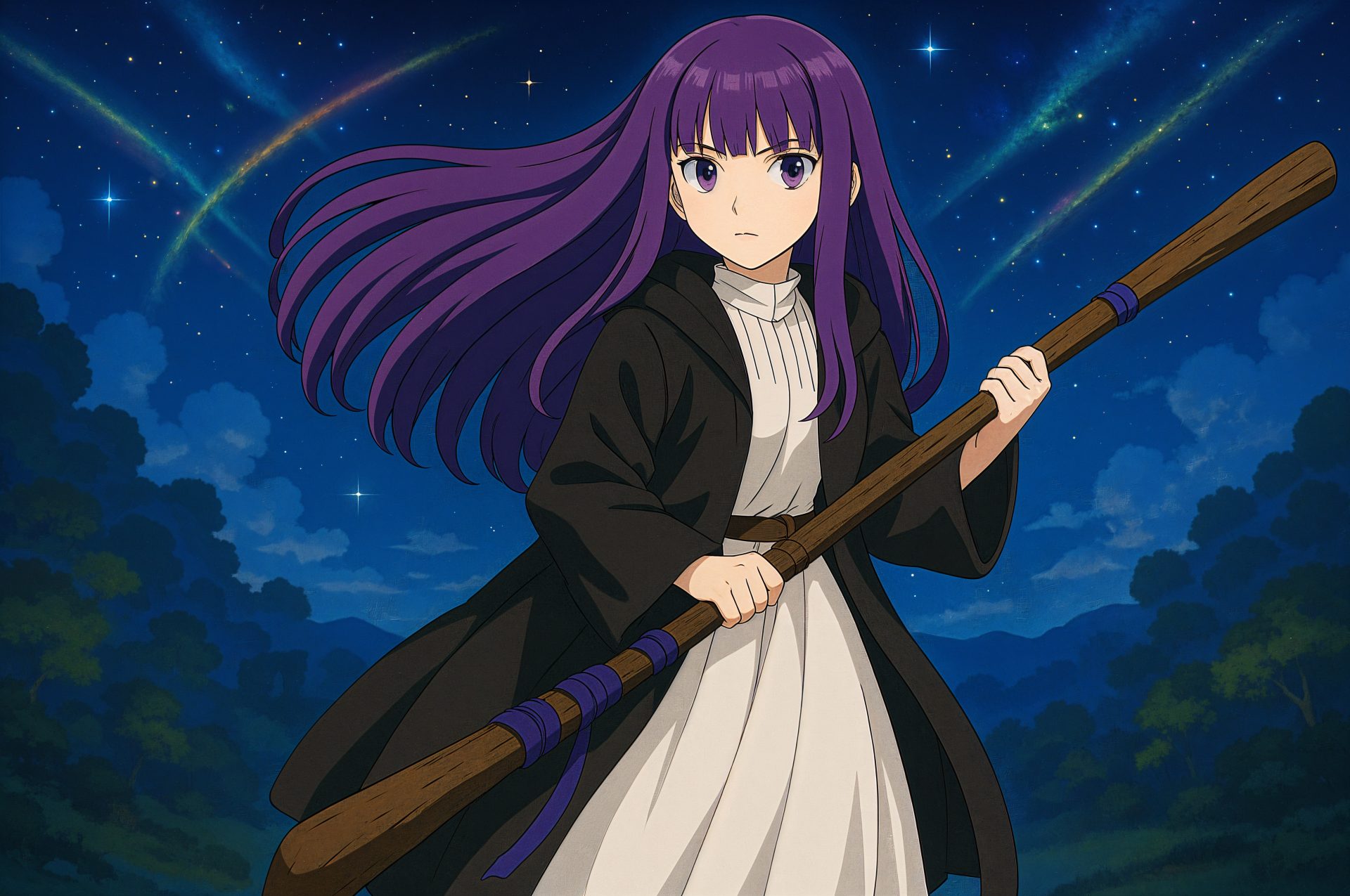 A digital wallpaper featuring Fern from Frieren: Beyond Journey's End, standing under a starry sky, wielding a staff, with flowing purple hair and a dark cloak.