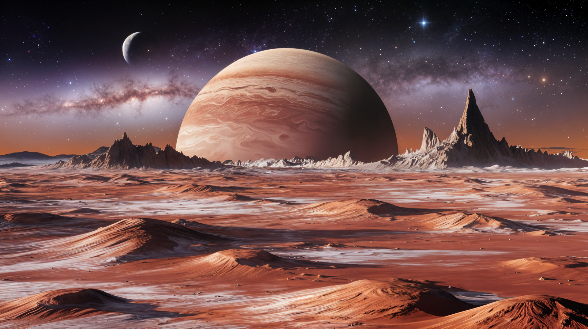A stunning 4K Ultra HD image showcasing a distant planet with a dramatic landscape of rocky formations and rolling terrain under a starry sky, creating an otherworldly atmosphere.