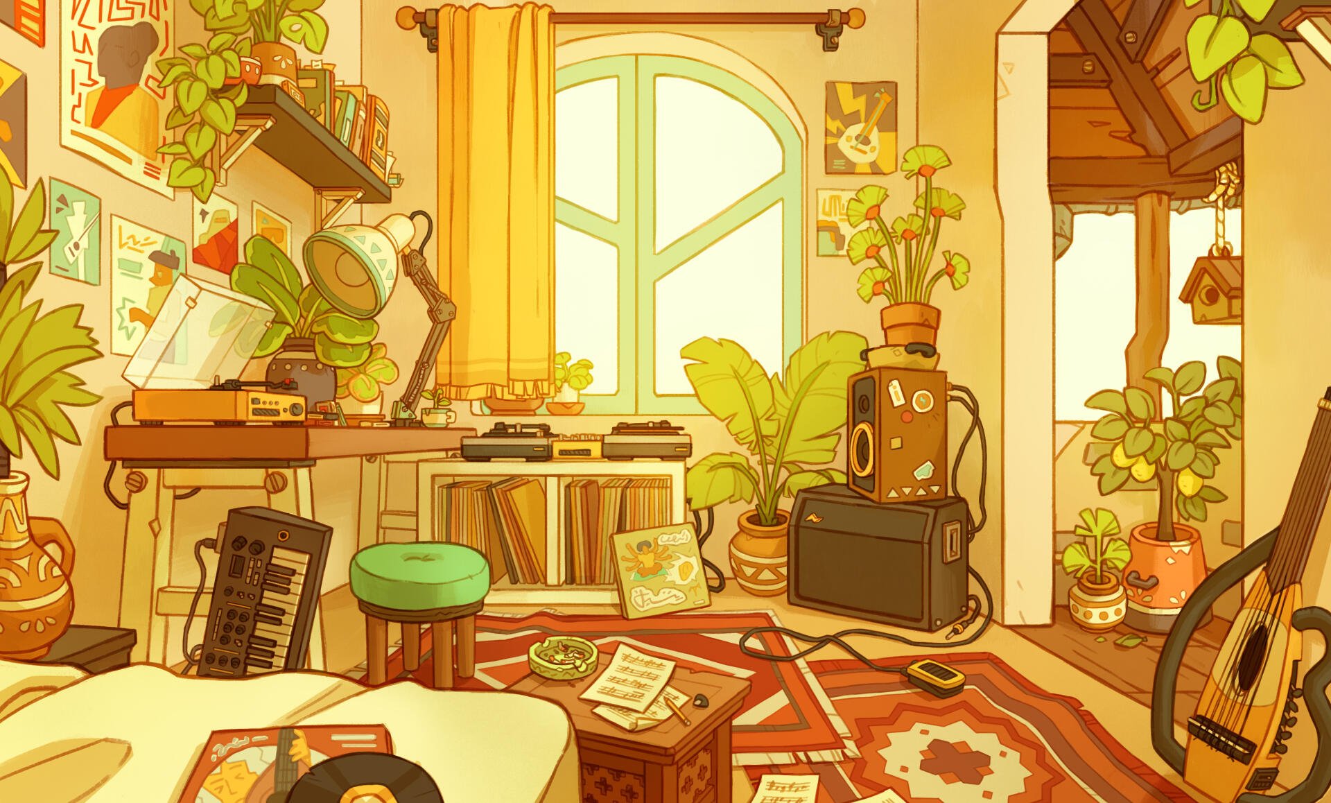 A cozy lofi bedroom filled with plants, warm yellow light, and vintage decor, featuring a desk with records, a guitar, and a comfortable vibe, creating an inviting atmosphere.