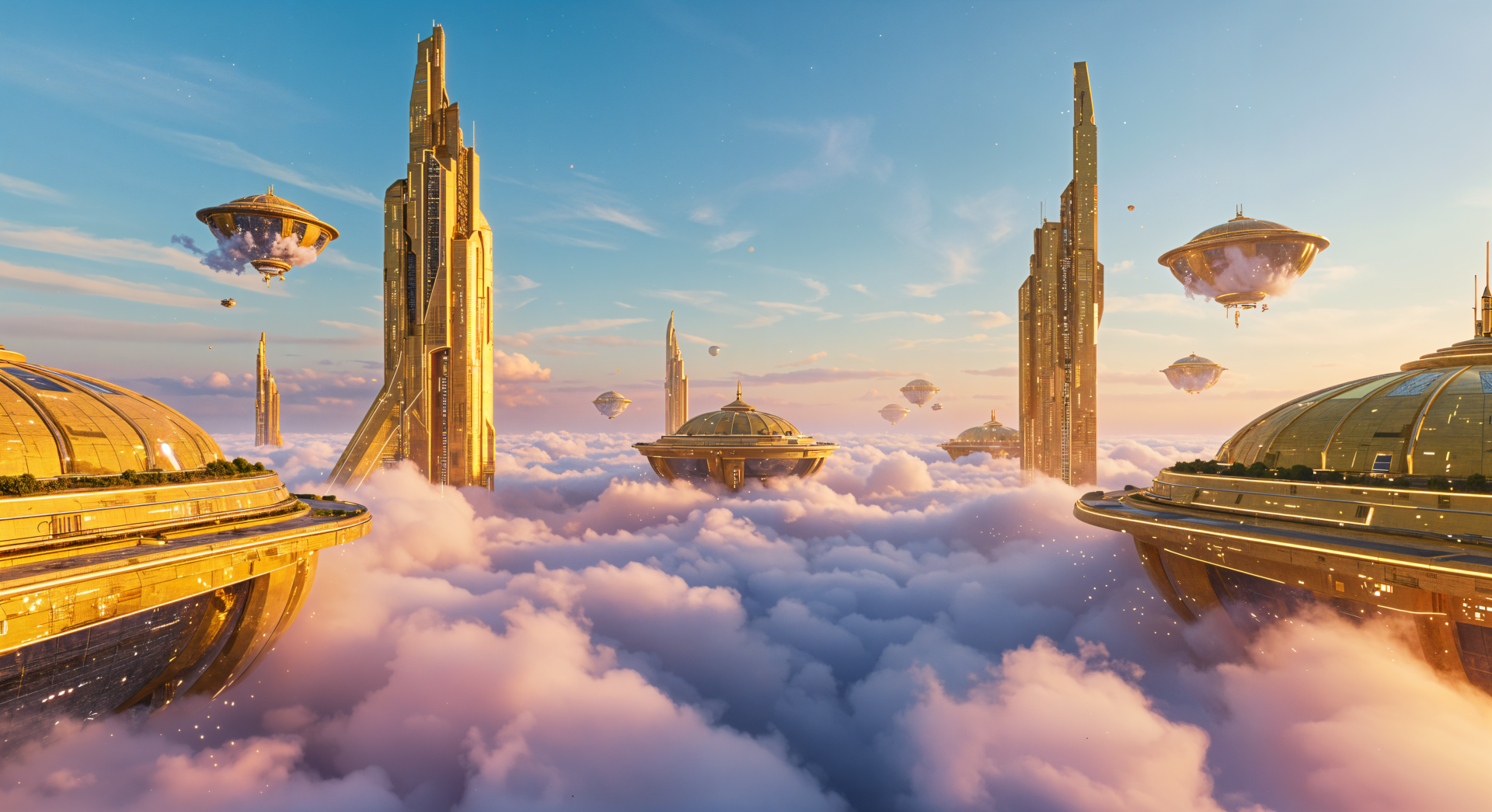 A stunning 4K Ultra HD wallpaper depicting futuristic floating buildings amidst fluffy clouds, bathed in warm sunlight, offering a serene and imaginative atmosphere.