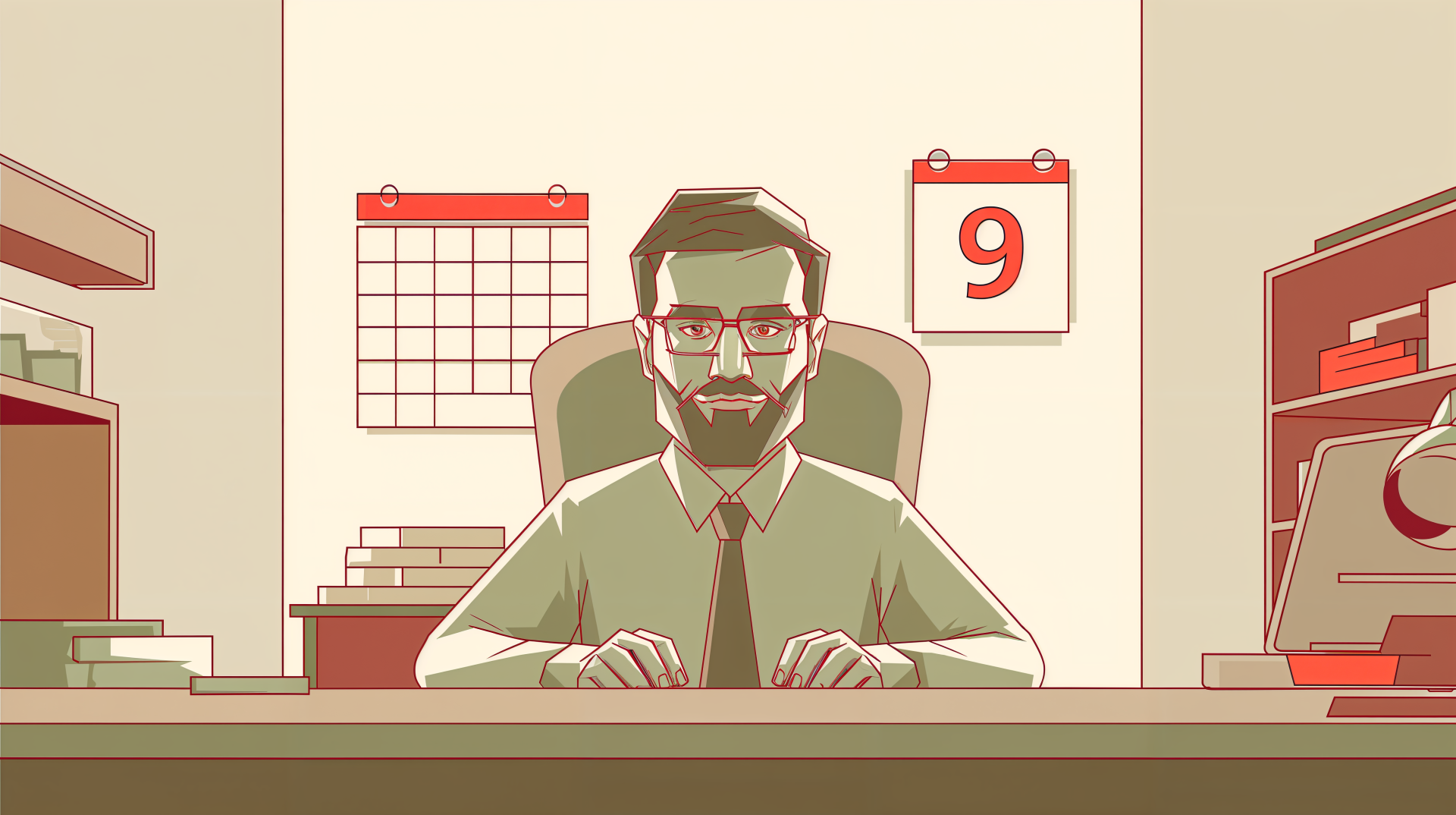 A stylized illustration of a man sitting at a desk in an office environment, featuring a calendar marked with 9, representing a 9 to 5 job. 4K Ultra HD desktop wallpaper.