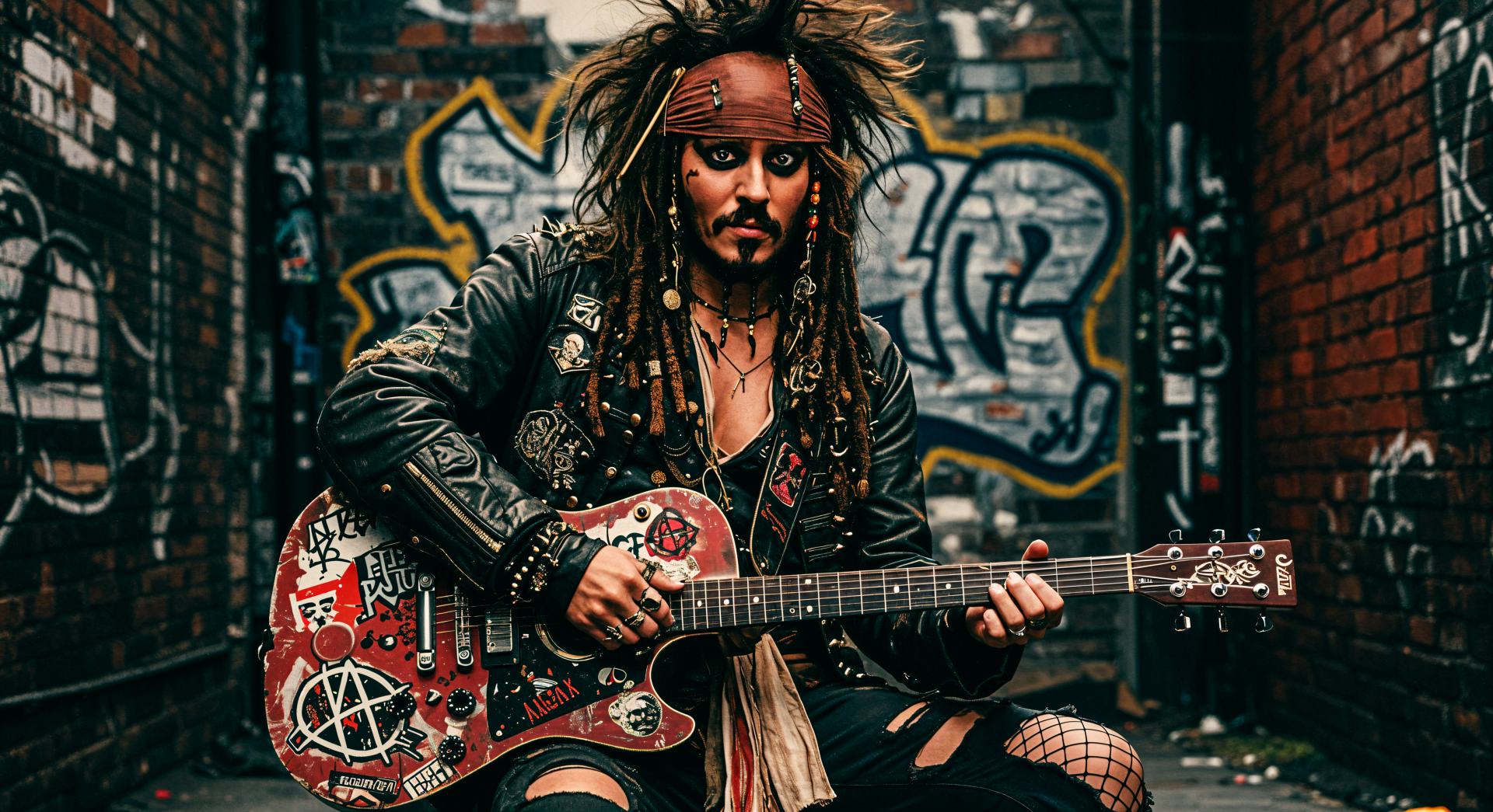 4K Ultra HD desktop wallpaper featuring Jack Sparrow playing a decorated guitar in an urban alley with graffiti-covered walls.