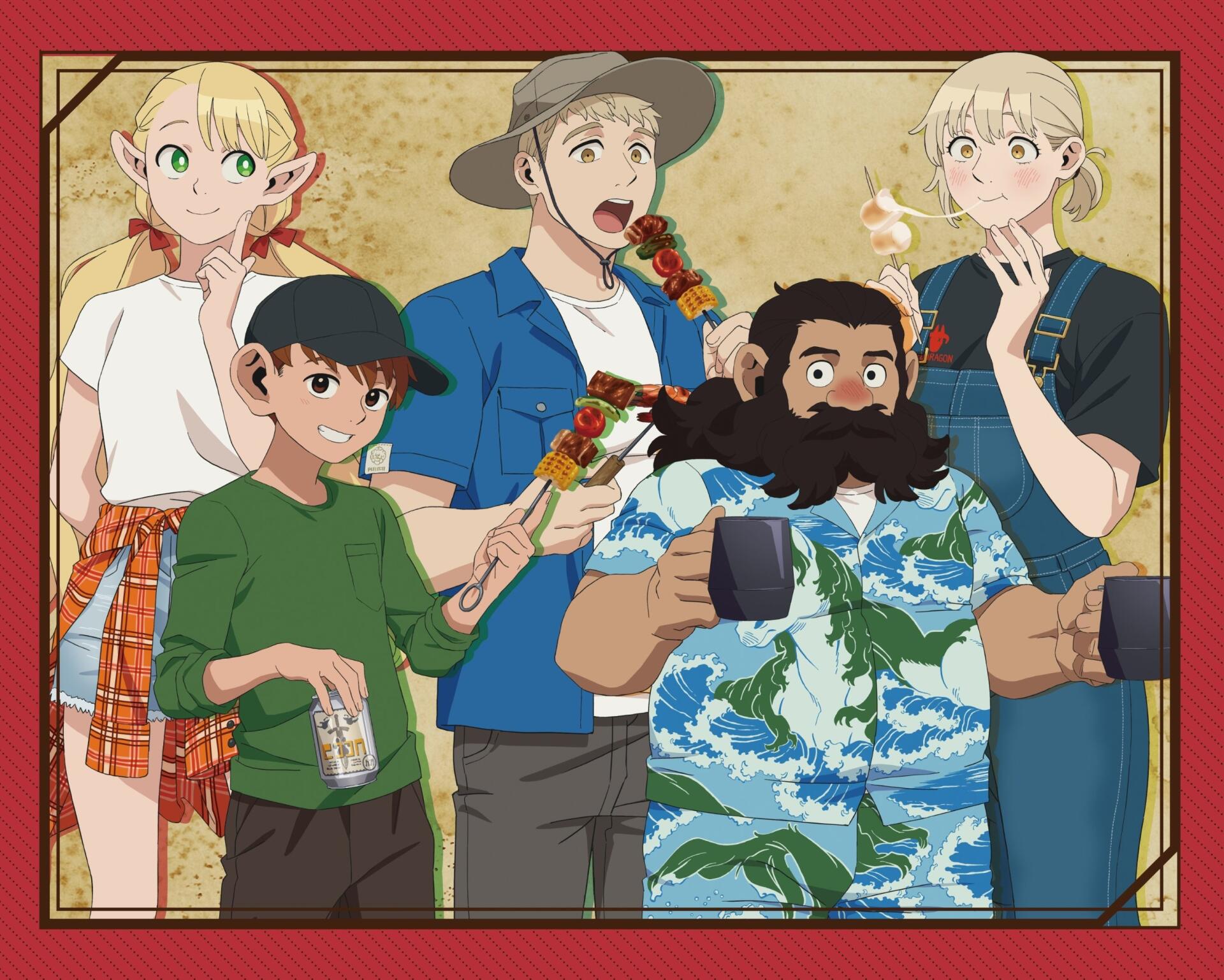 HD PC desktop wallpaper featuring colorful characters from the anime Delicious in Dungeon enjoying various foods together.