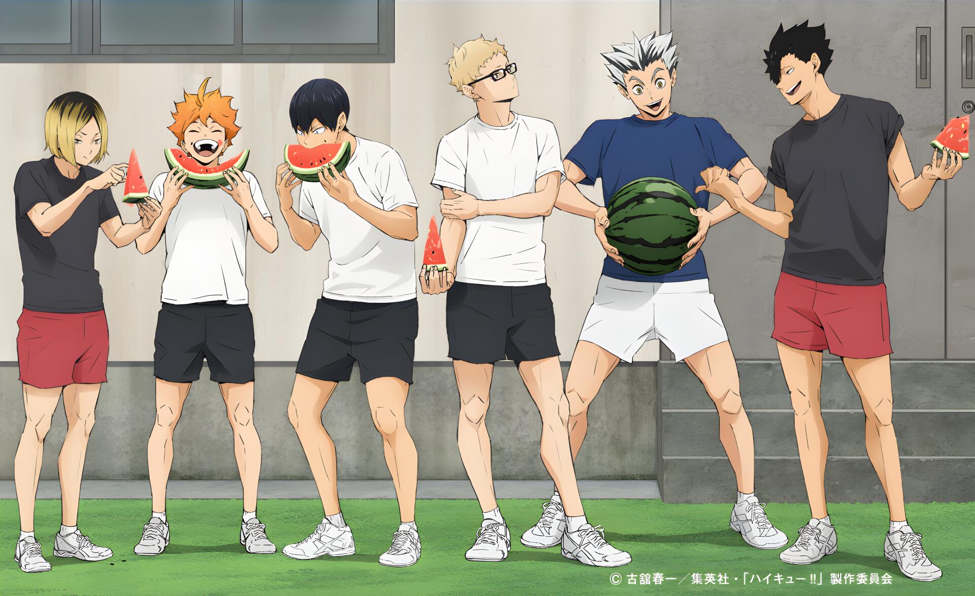 Anime Haikyū!! 4K Ultra HD PC desktop wallpaper and background: Karasuno volleyball teammates in shorts laughing and sharing watermelon on a sunny courtyard.