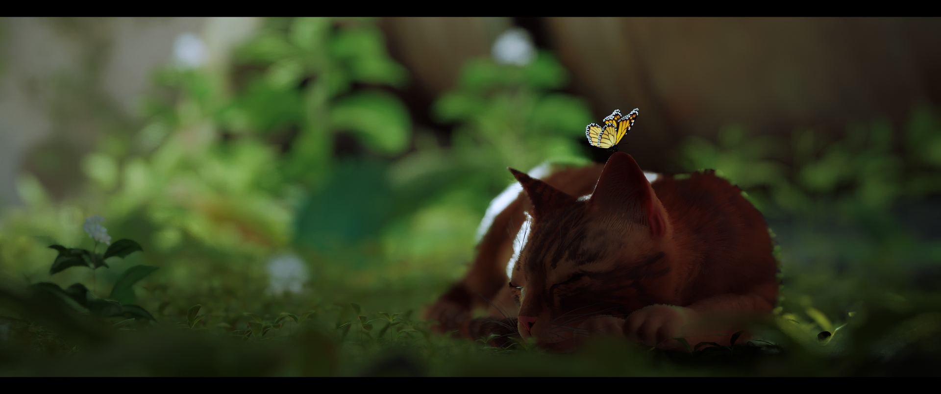 HD desktop wallpaper from the video game Stray featuring a resting cat with a butterfly hovering above in a lush, green environment.