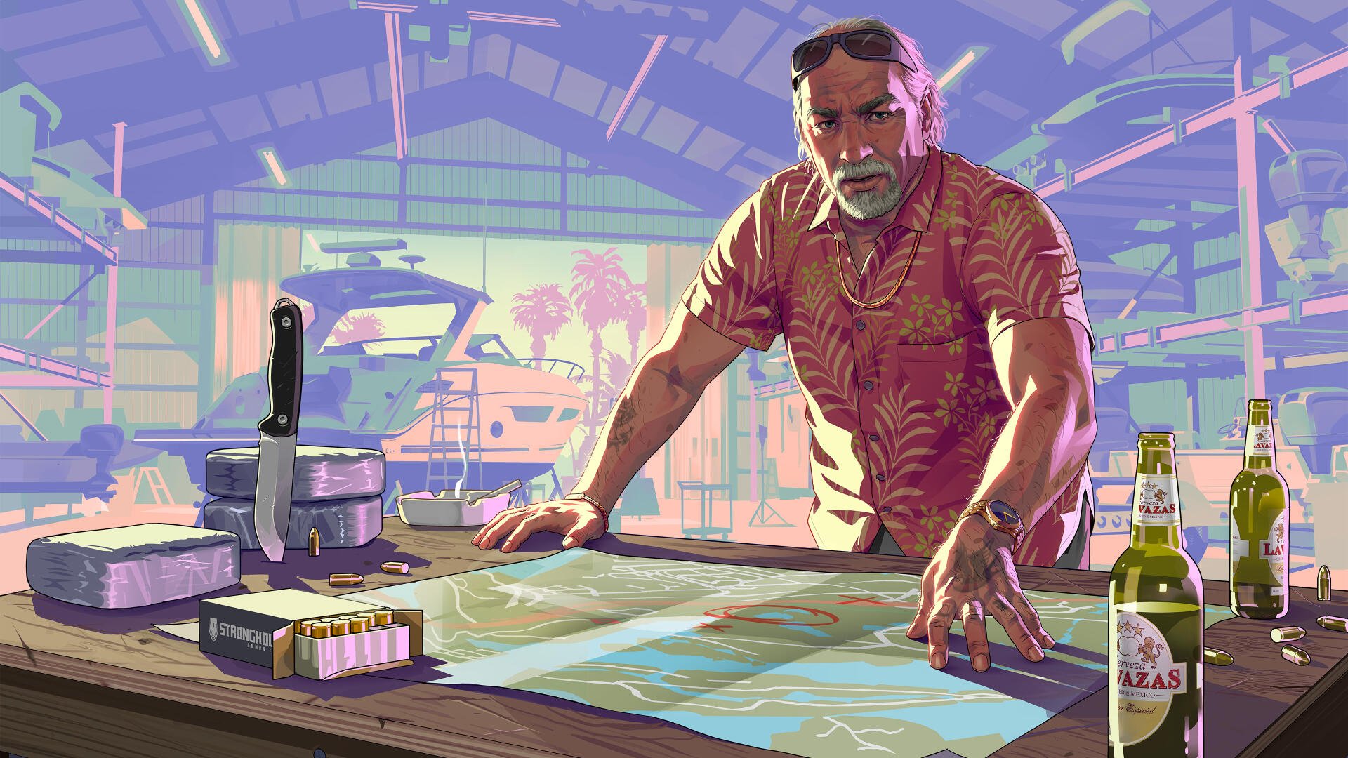 4K Ultra HD Grand Theft Auto VI wallpaper featuring a man in a tropical shirt planning over a map in a sunlit garage with various items like beer bottles and equipment around.