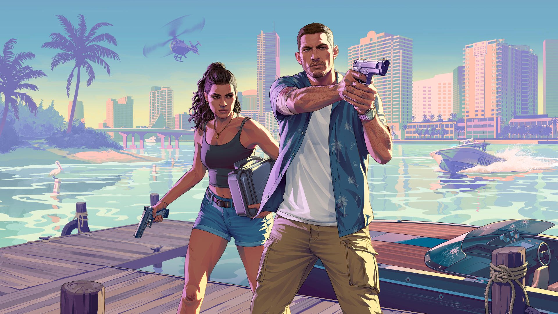 4K Ultra HD Grand Theft Auto VI wallpaper showing two armed characters standing by a waterfront with palm trees, helicopters, and city skyscrapers in the background.