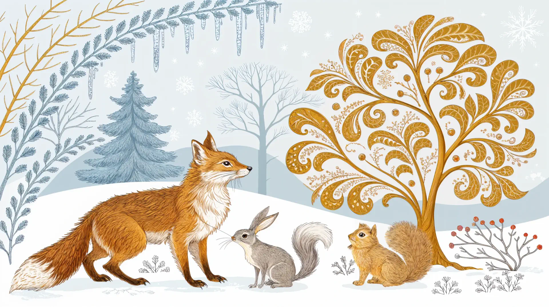 4K Ultra HD desktop wallpaper featuring winter animals—a fox, rabbit, and squirrel—set in a snowy forest with frosted trees and delicate icicles.