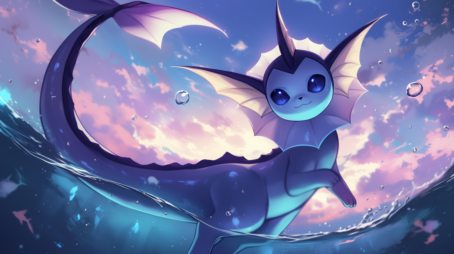HD desktop wallpaper featuring a shiny Vaporeon, a water-type Eeveelution Pokémon, swimming gracefully with dynamic water and sky elements.