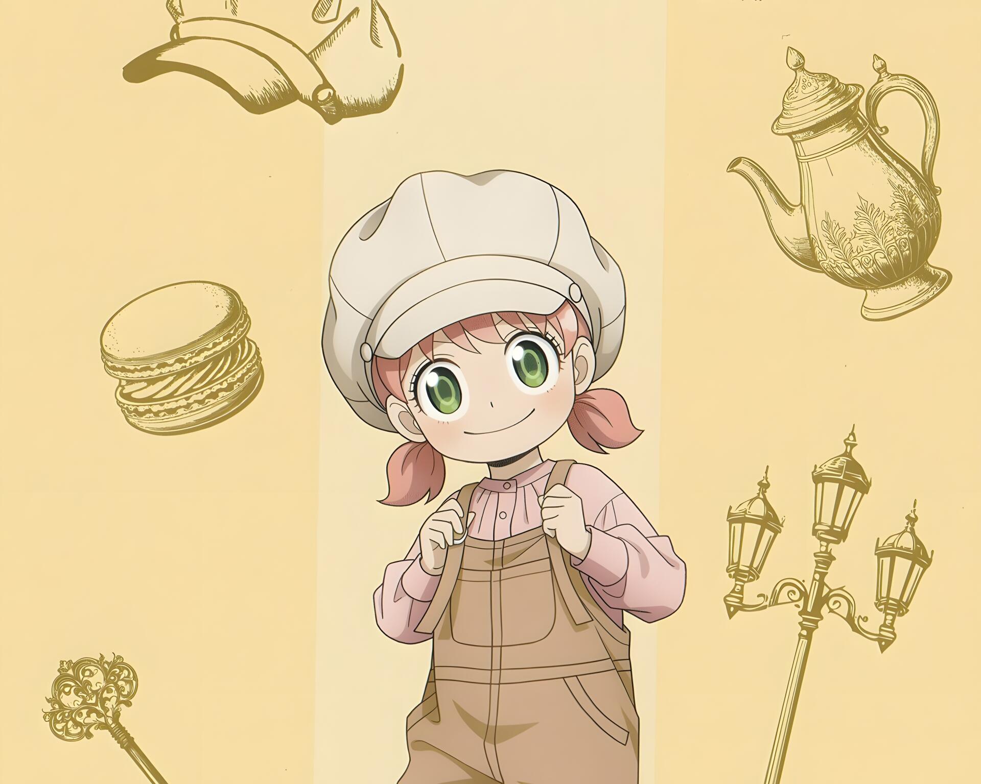 Anya Forger from Spy x Family is depicted in a 4K Ultra HD anime wallpaper, featuring soft pastel tones with floating objects like macarons and antique street lamps.