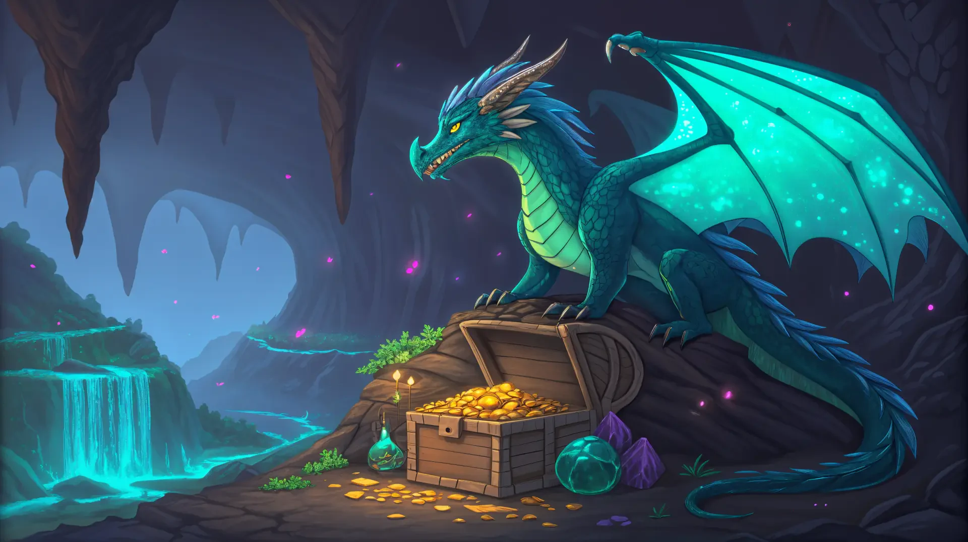A majestic blue dragon guards a glowing treasure chest inside a mystical cave, rendered in stunning 4K Ultra HD for a vivid PC desktop wallpaper experience.