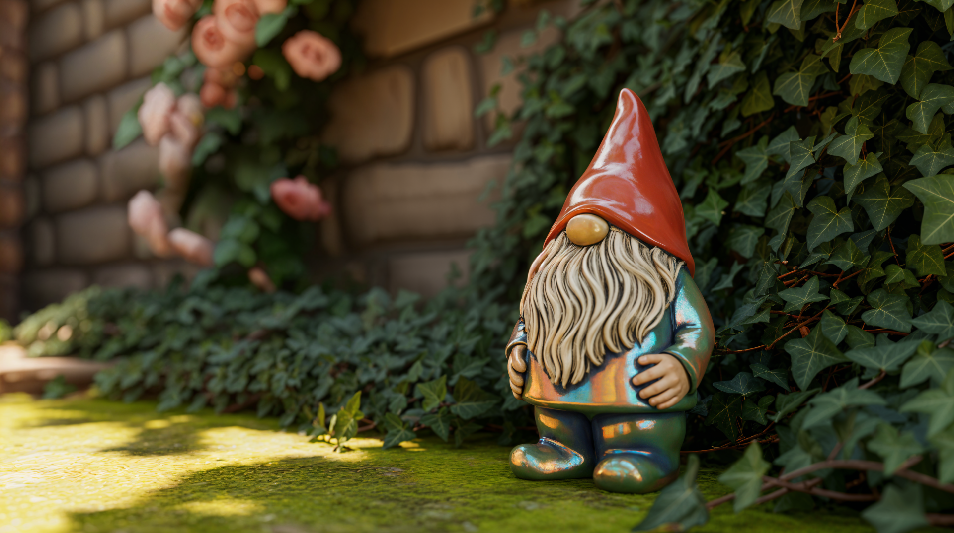 A vibrant garden gnome stands beside green ivy and pink flowers, captured in stunning detail for a 4K Ultra HD PC desktop wallpaper.