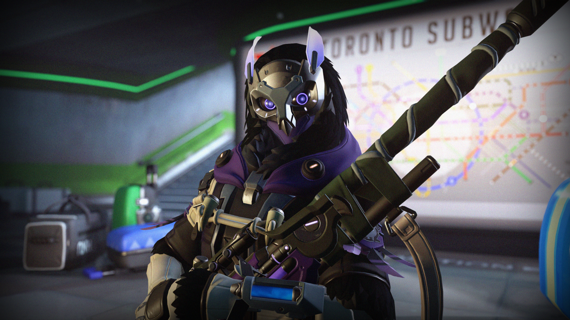 4K Ultra HD PC wallpaper featuring Ana from Overwatch, depicted in detailed armor holding a sniper rifle with a subway map in the background.