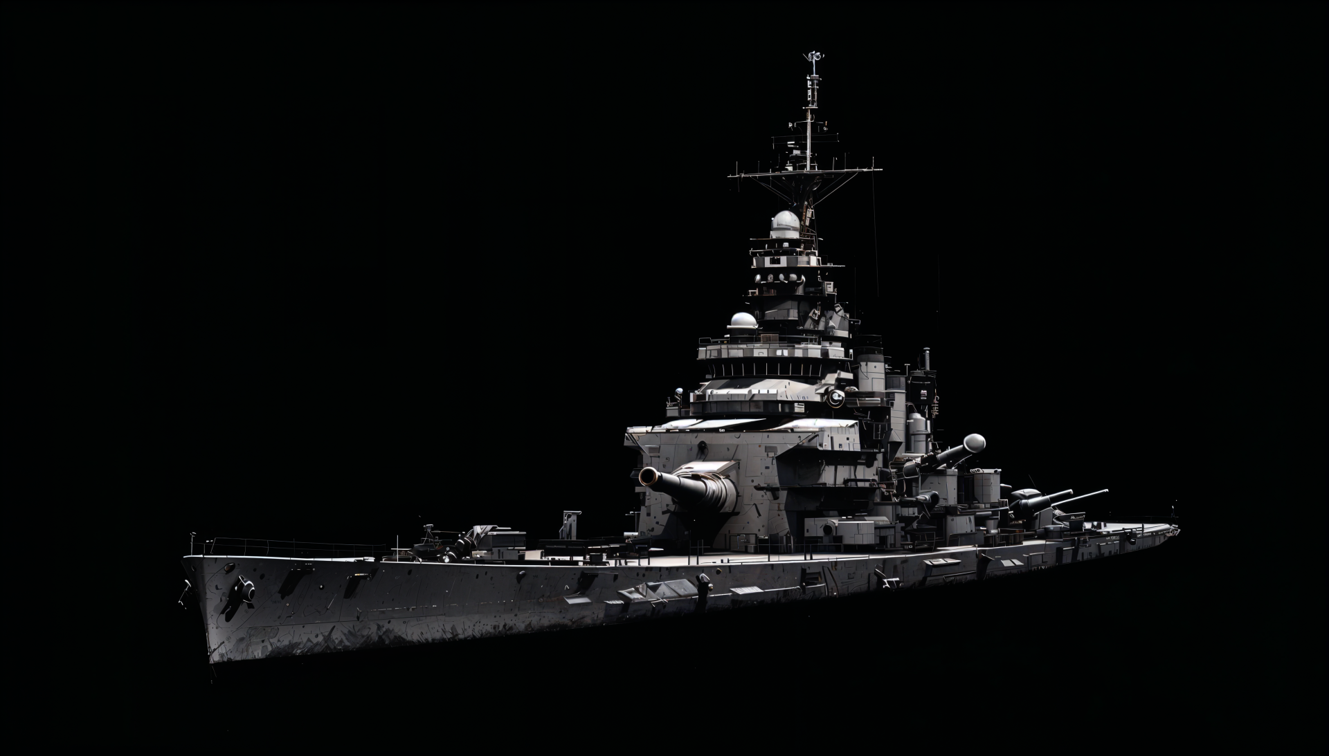 Detailed 4K Ultra HD desktop wallpaper of a battleship against a black background, showcasing the ship's intricate structure and powerful armament.