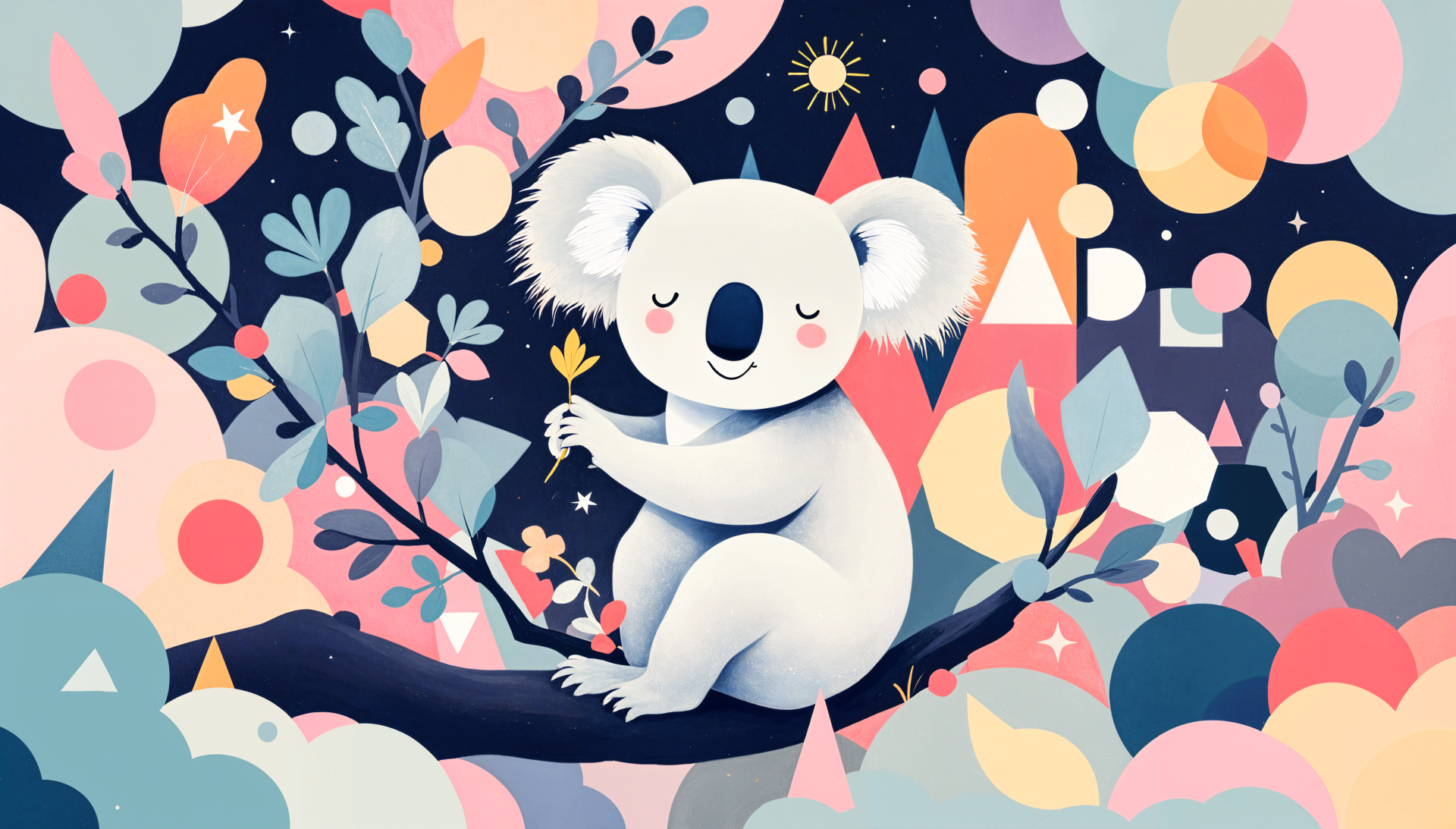 A colorful, stylized illustration of a koala sitting on a branch with abstract foliage and celestial elements, designed as a 4K Ultra HD PC desktop wallpaper.