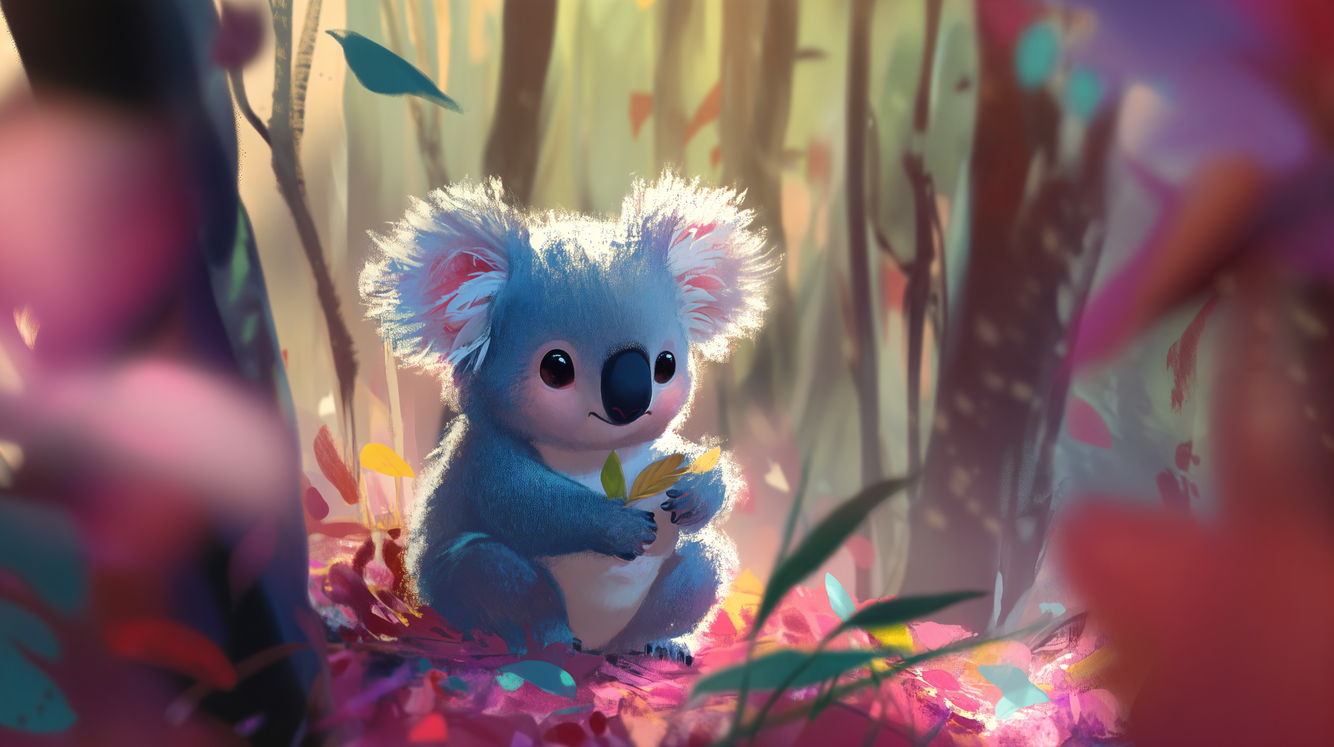 A cute koala in a vibrant forest setting, captured in stunning 4K Ultra HD detail for a PC desktop wallpaper and background.