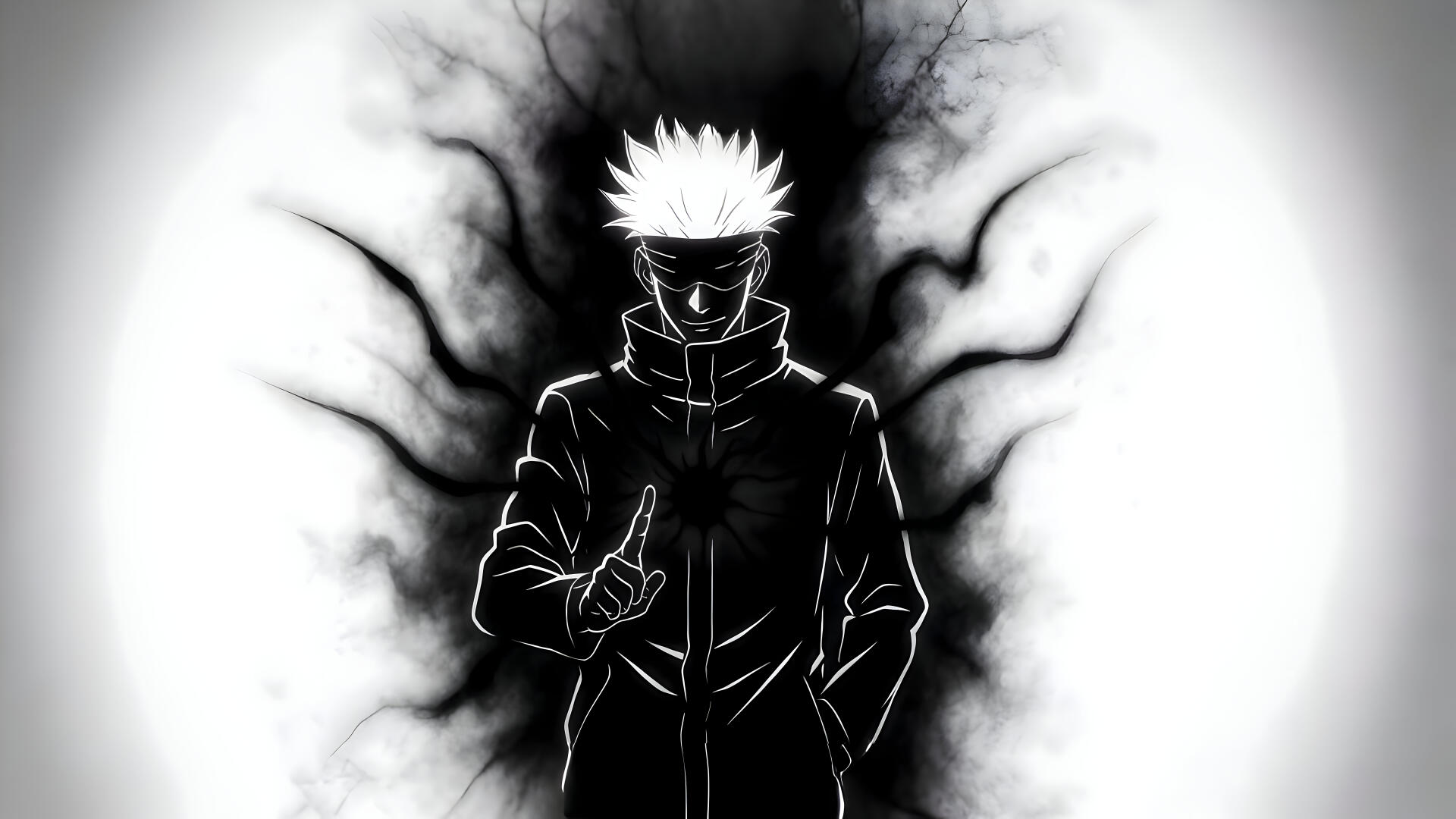 Anime-style 8K Ultra HD wallpaper featuring Satoru Gojo from Jujutsu Kaisen, depicted in a dark, shadowy silhouette with dynamic black energy swirling behind him.