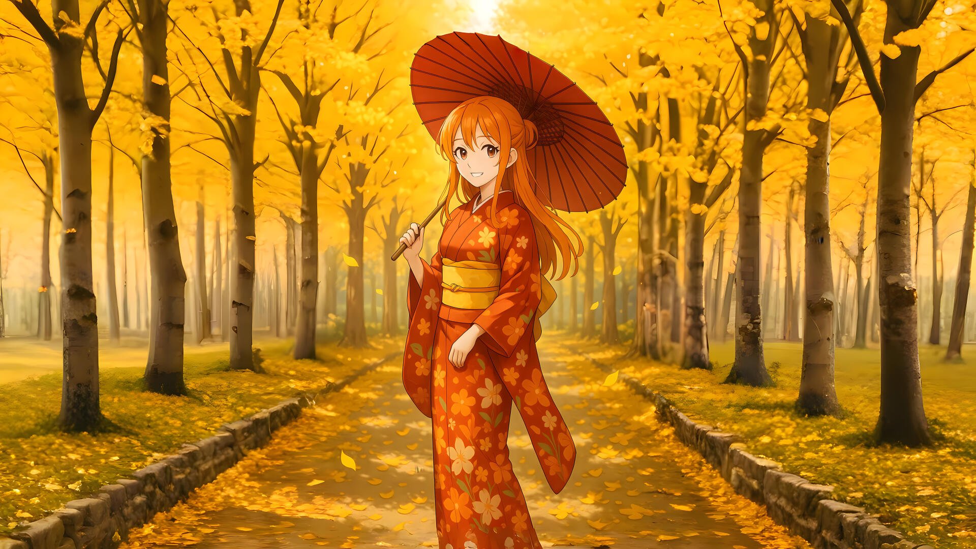 Anime-style 8K Ultra HD wallpaper of Nami from One Piece, standing in a golden autumn forest holding a red umbrella, surrounded by vibrant yellow leaves.