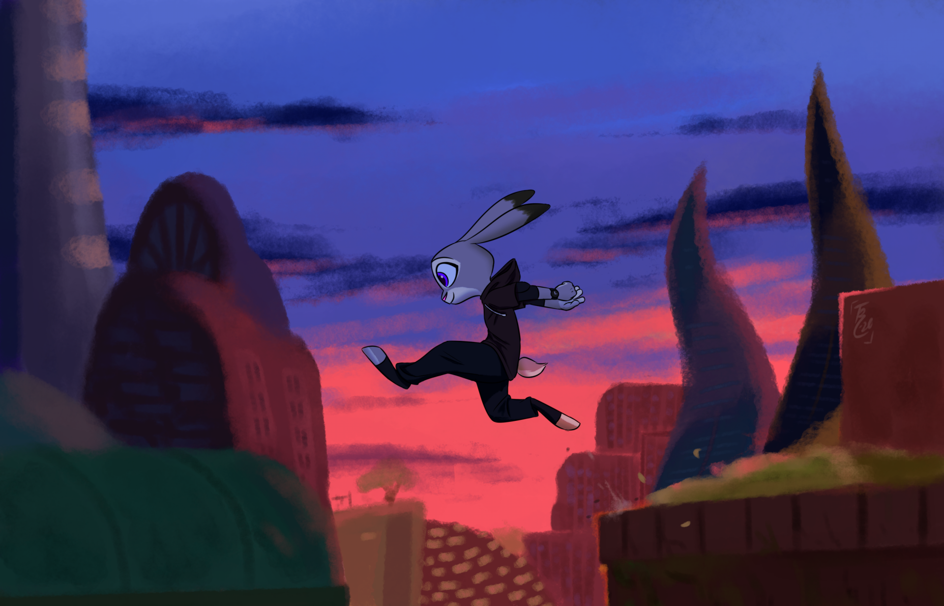 HD PC desktop wallpaper featuring Judy Hopps from the TV show Zootopia, captured mid-jump against a vibrant sunset cityscape background.