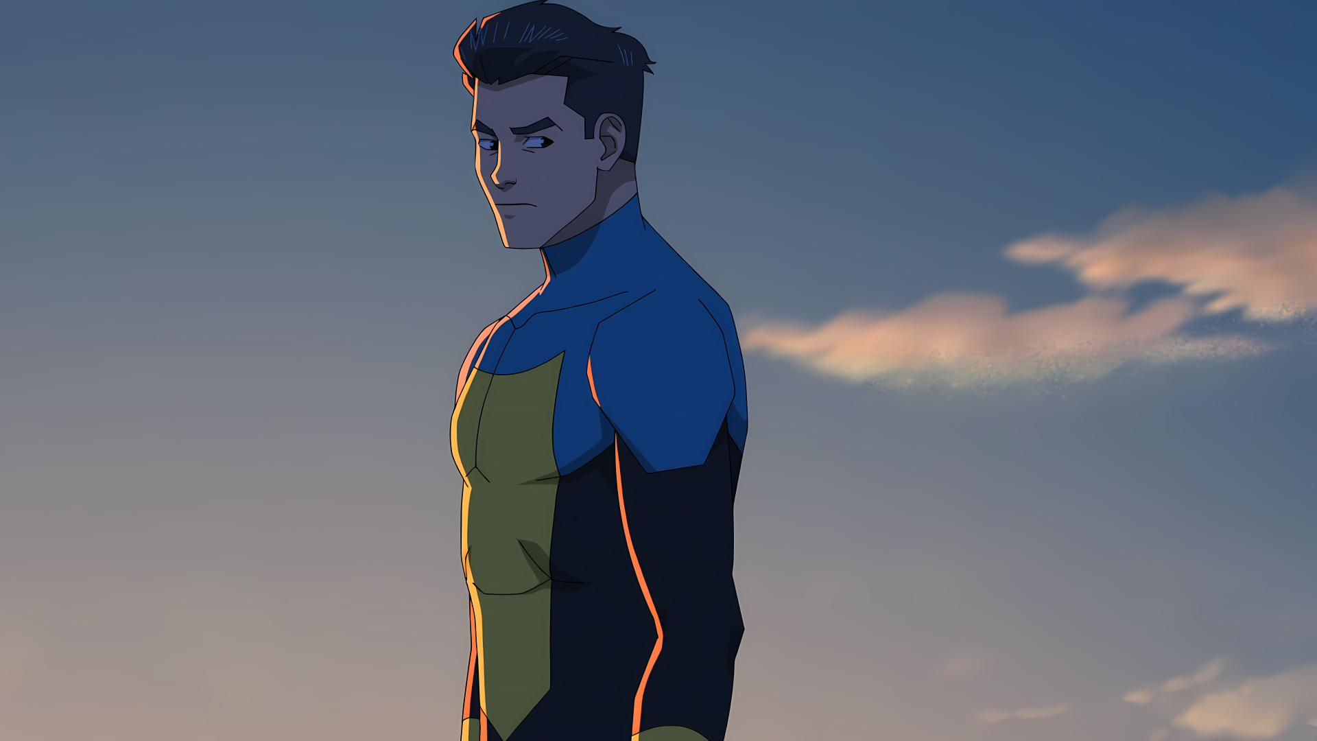 Mark Grayson from the TV show Invincible stands against a dusky sky in a detailed 8K Ultra HD PC desktop wallpaper and background.