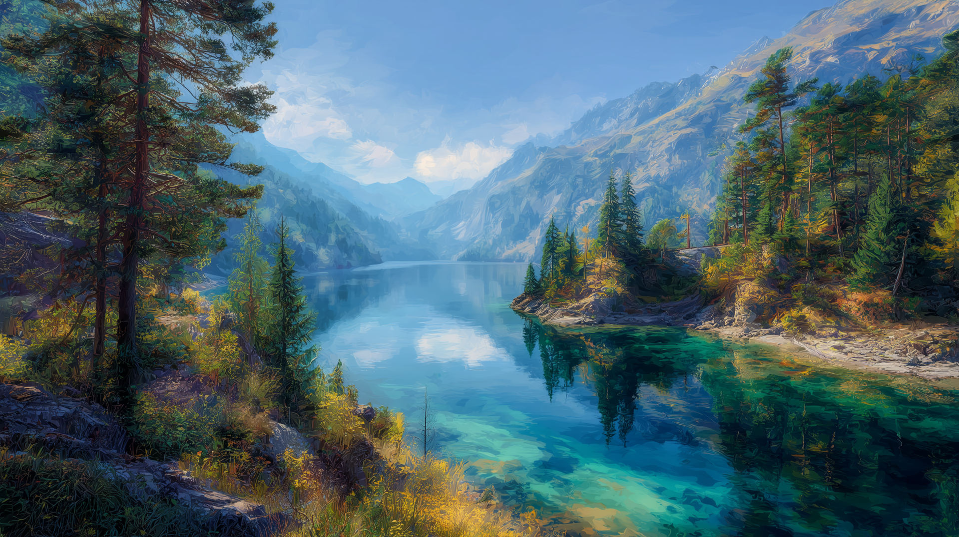 Artistic HD PC desktop wallpaper depicting a serene nature scene with a clear lake surrounded by lush trees and majestic mountains under a bright blue sky.