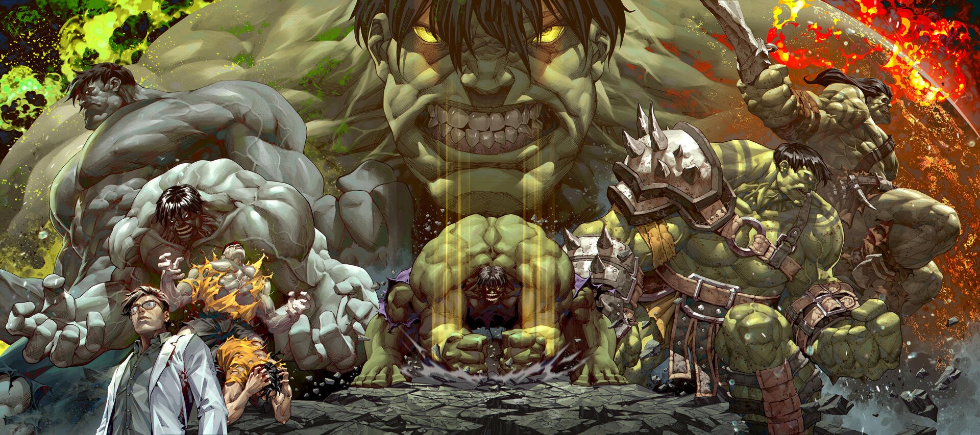 HD Marvel Comics desktop wallpaper featuring Bruce Banner and multiple Hulk characters in an intense, action-packed comic-style scene.