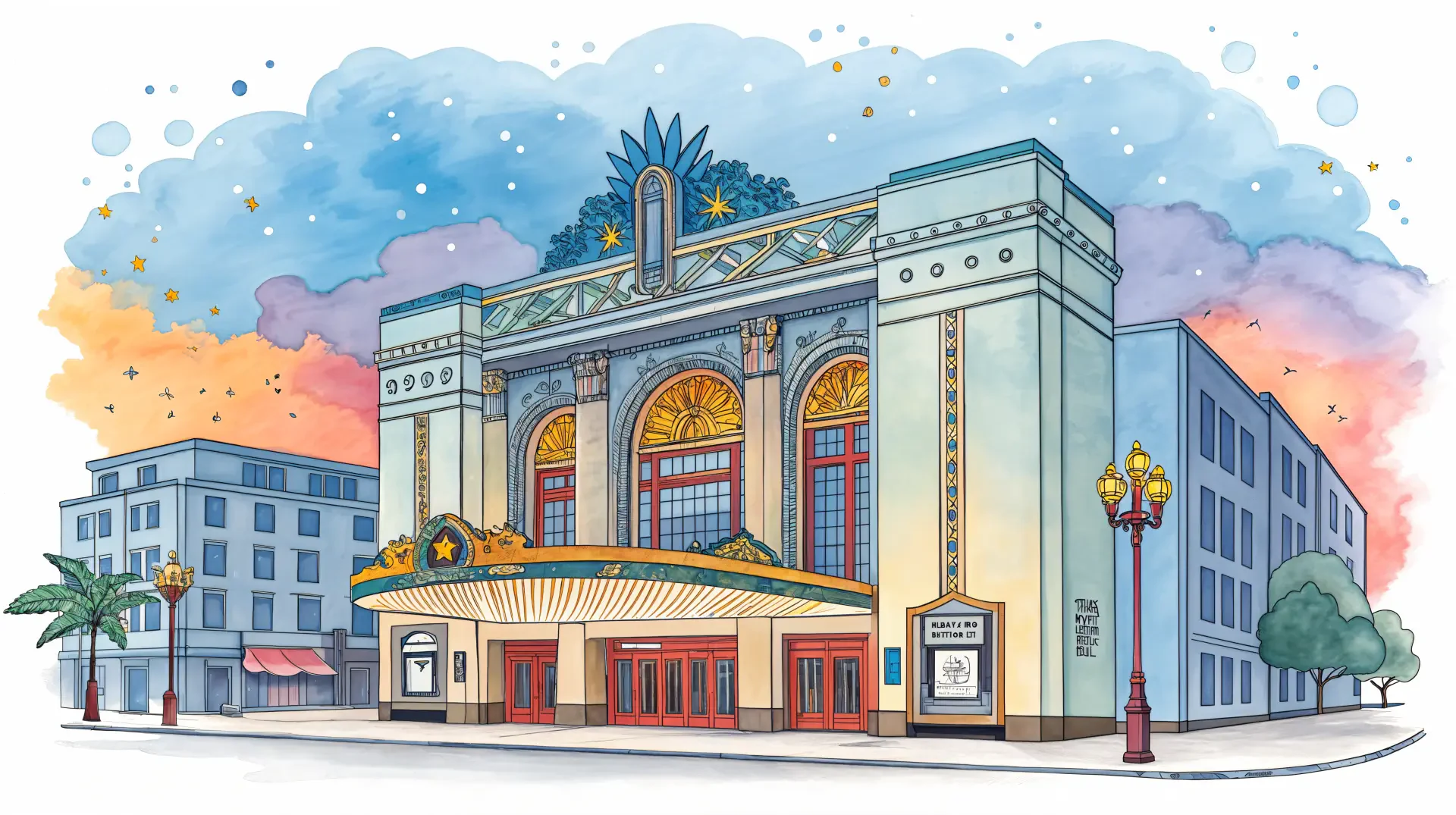 Illustration of a grand theater building at sunset, detailed in vibrant colors, designed as a 4K Ultra HD PC desktop wallpaper and background.